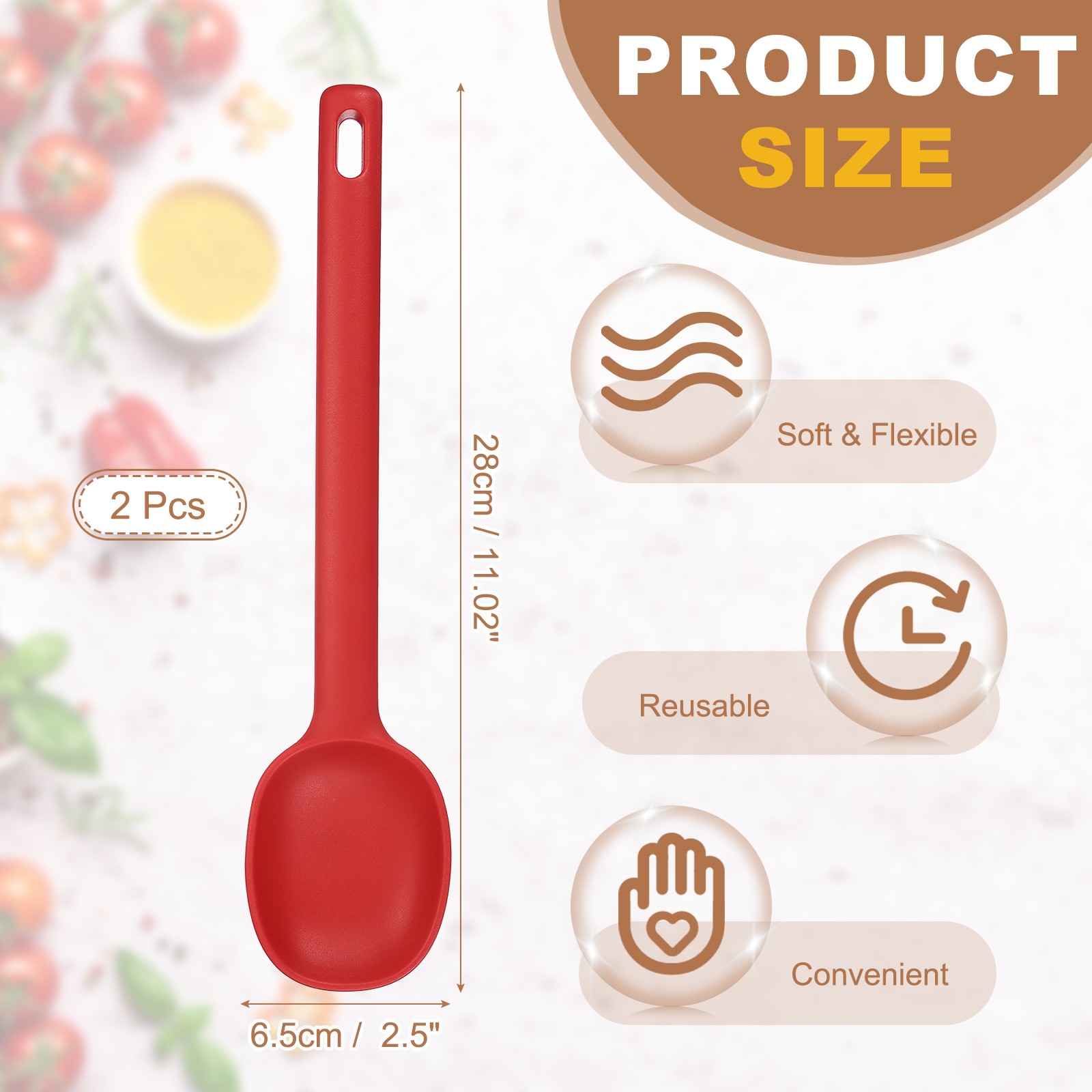 2 Pack Silicone Nonstick Mixing Spoon, 11"Heat Resistant Spoon, Red