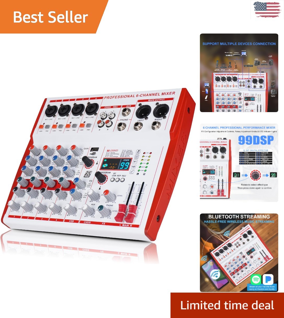 Lightweight 6 Channel DJ Mixer with USB Connectivity for Effortless Recording