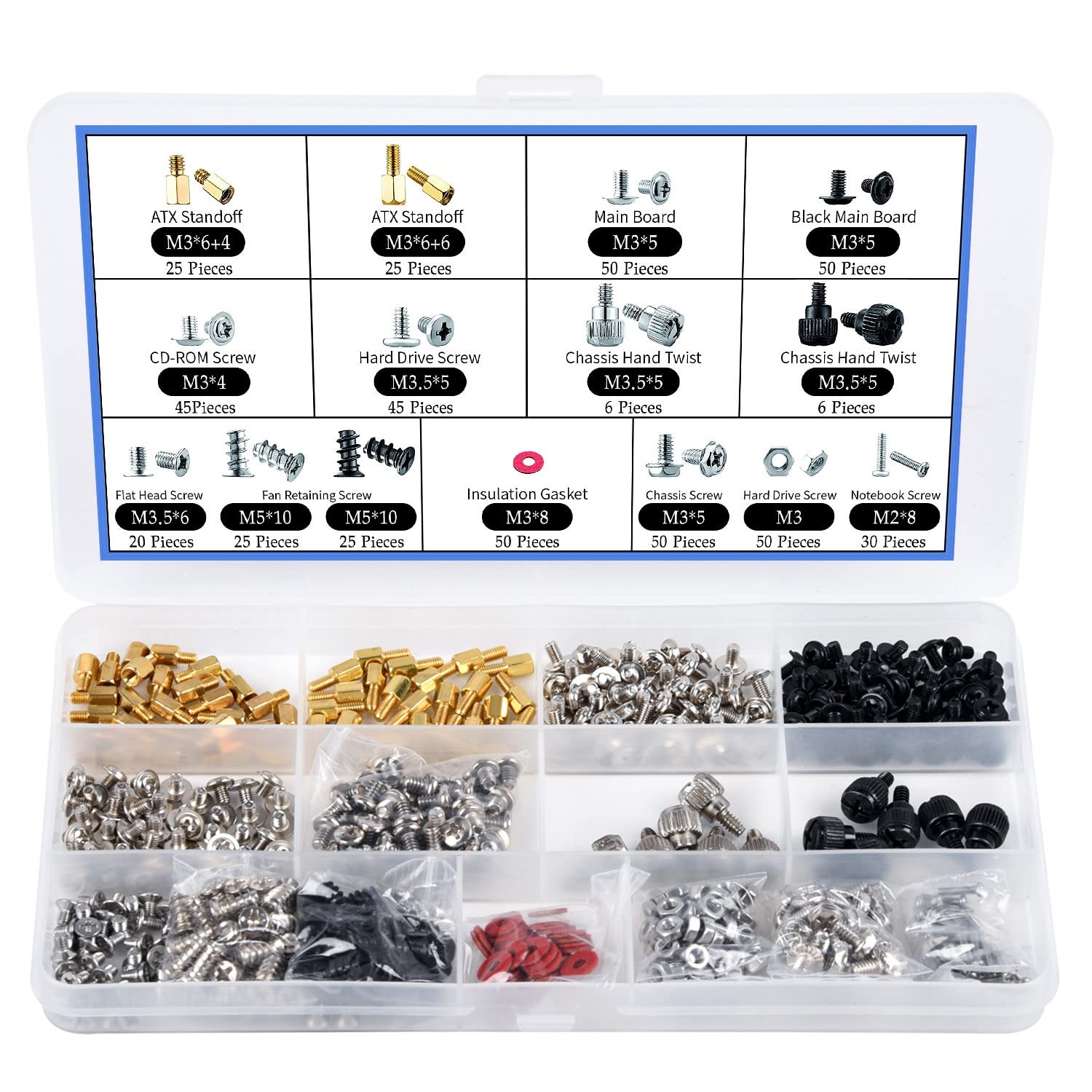 502PC Computer Motherboard Screws Kit, 502PCS, Metallic, Red, Black & Brass