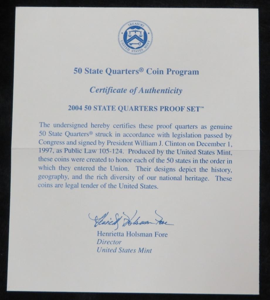 2004-S United States Mint Proof Quarter Set * Proof * 5 Coins * Box & COA