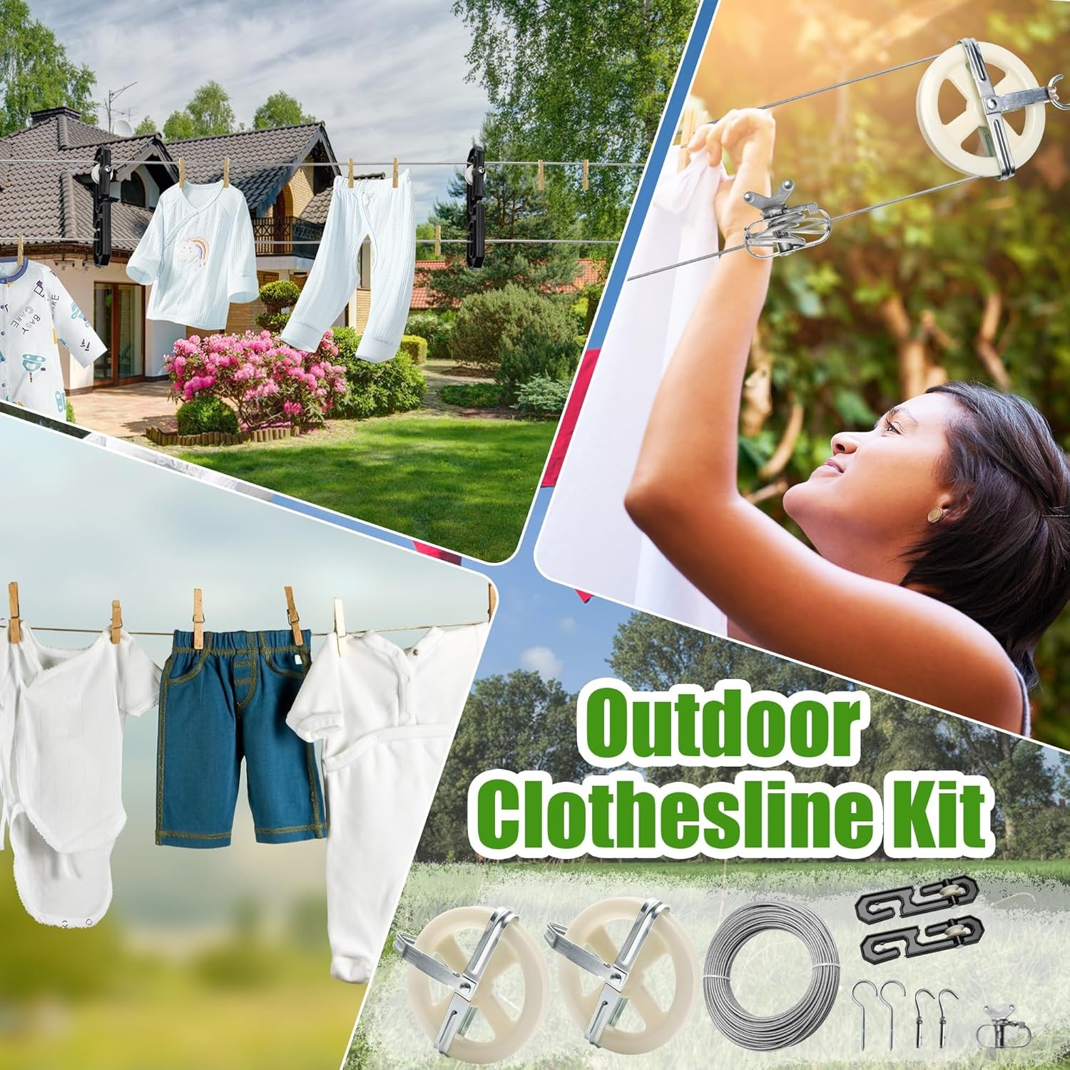 Outdoor clothesline set, includes clothesline pulley assembly,