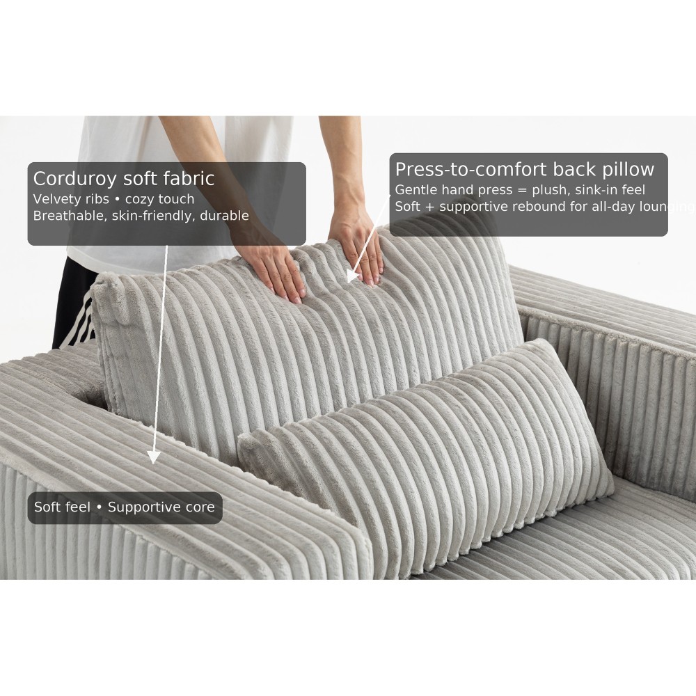 Modular Oversized Corduroy Floor Couch with Ottoman, All-Foam Deep-Seat