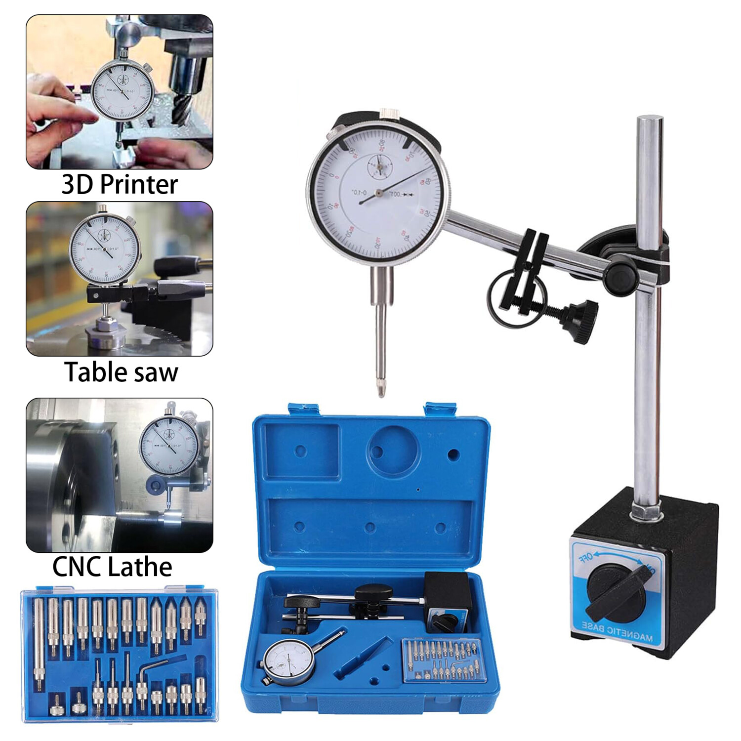 Dial Indicator with Magnetic Base 0.001"Precision Gauge Test Indicator Point Set