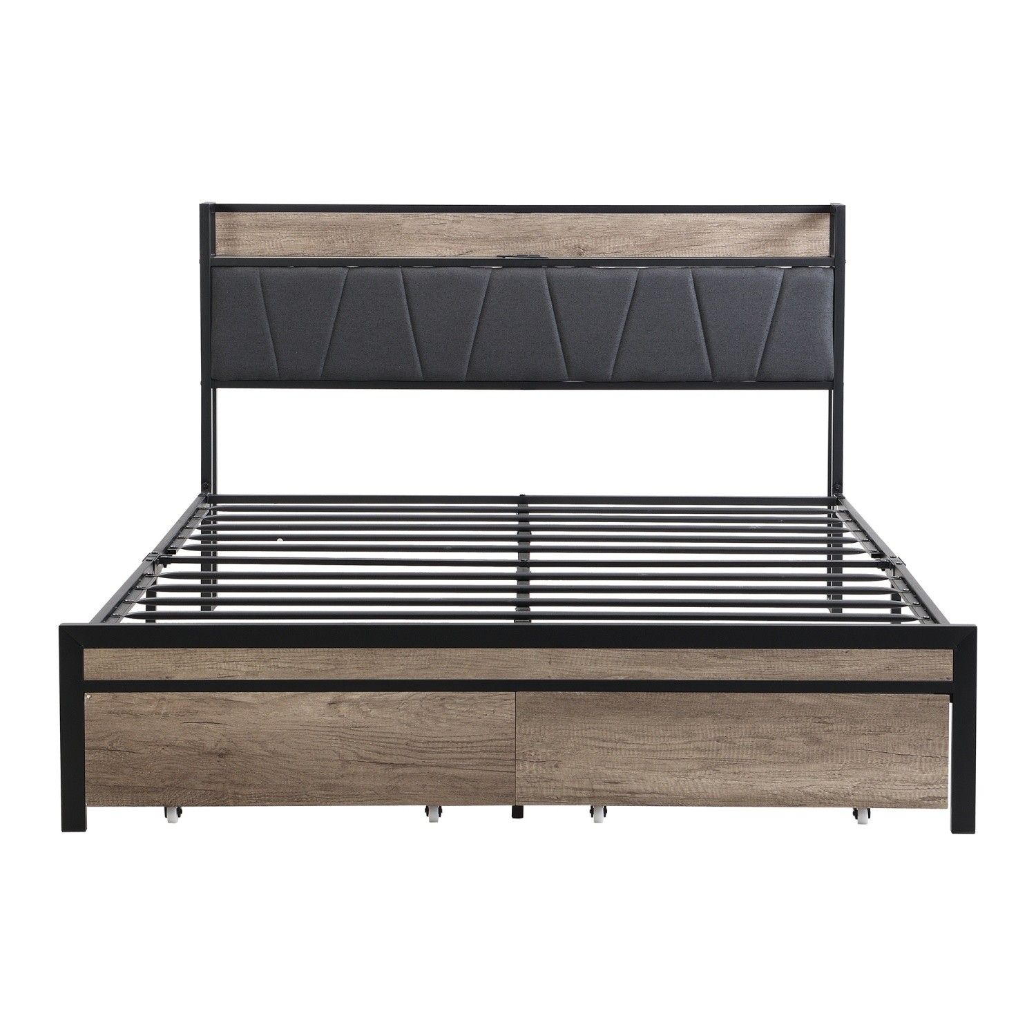 Full Size Bed Frame with Upholstered Headboard Metal Platform Bed w/ 2 Drawers