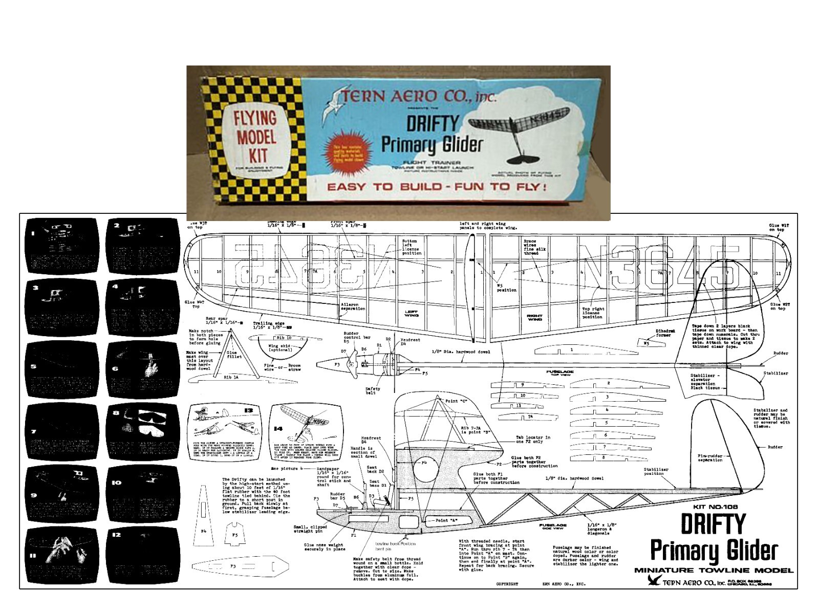 Tern Model Airplane Plans (FF): Drifty Primary Glider 18" Span Rubber-Powered
