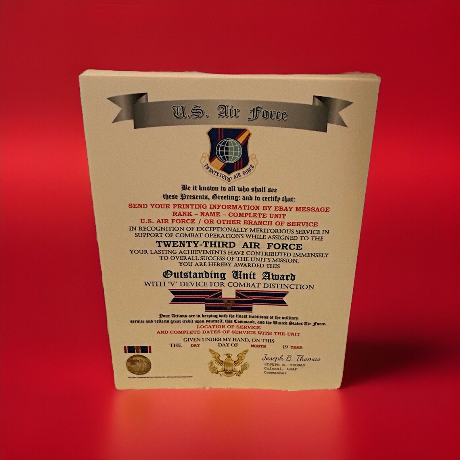 U.S. AIR FORCE / 23RD AIR FORCE - OUTSTANDING UNIT AWARD W/V DEVICE CERTIFICATE