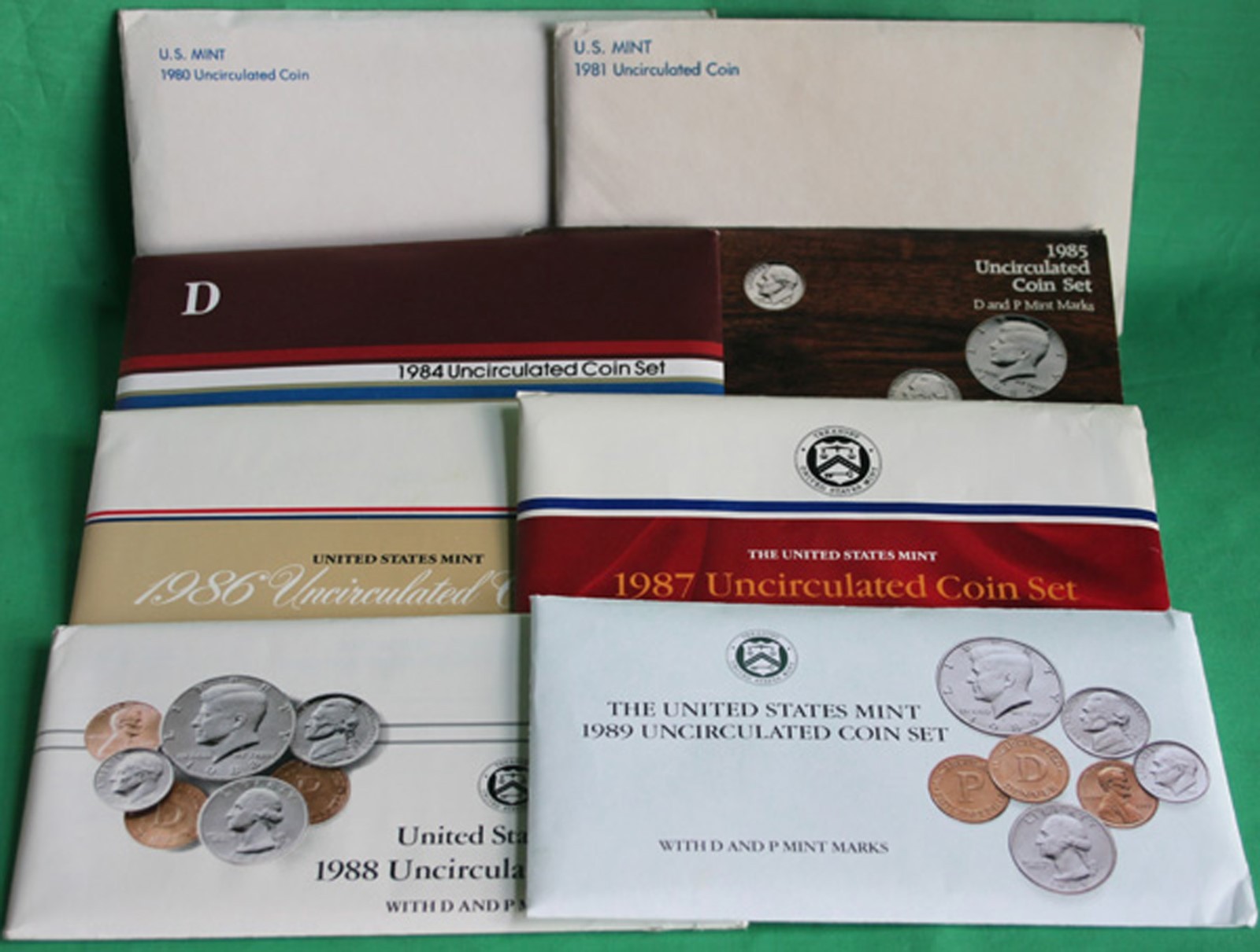 Decade 1980 - 1989 Annual US Mint Uncirculated P D Lot of 8 Sets with 86 Coins