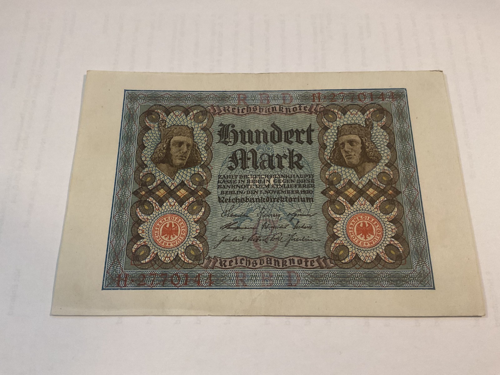 1920 GERMANY 100 MARK BANK NOTE. Reichsbanknote. Before Hyperinflation. MINT UNC