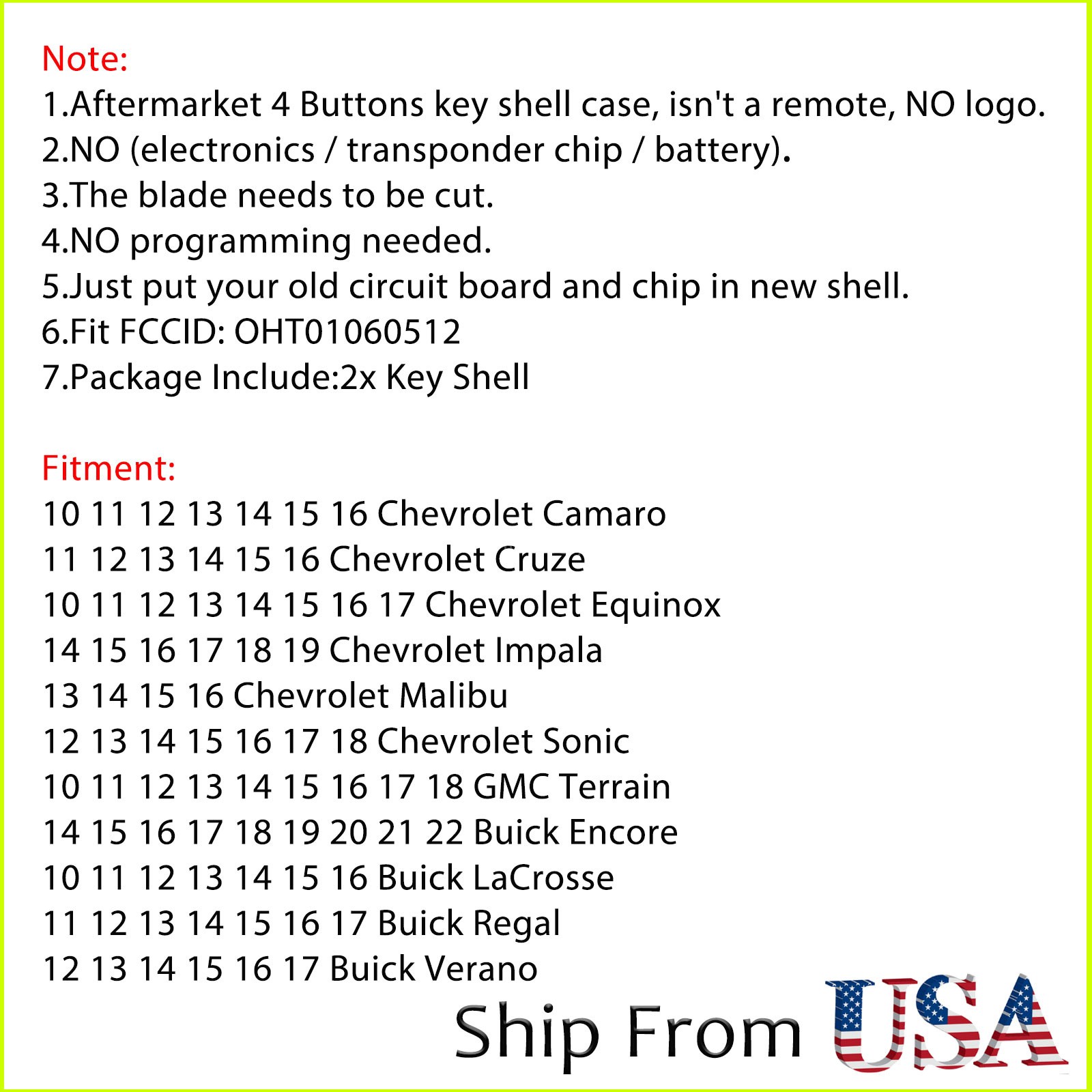 2 For 2011 2012 2013 2014 2015 2016 Chevrolet Cruze Remote Key Fob Shell Case
