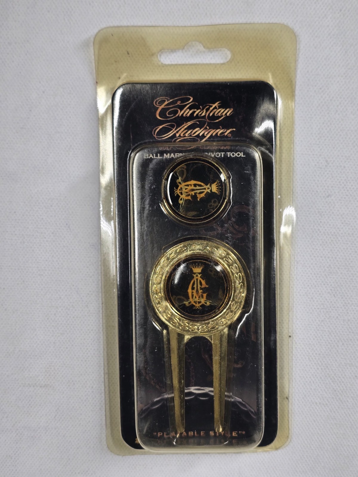 VTG NIB Christian Audigier Golf Ball Marker Divot Tool Gold Black Logo