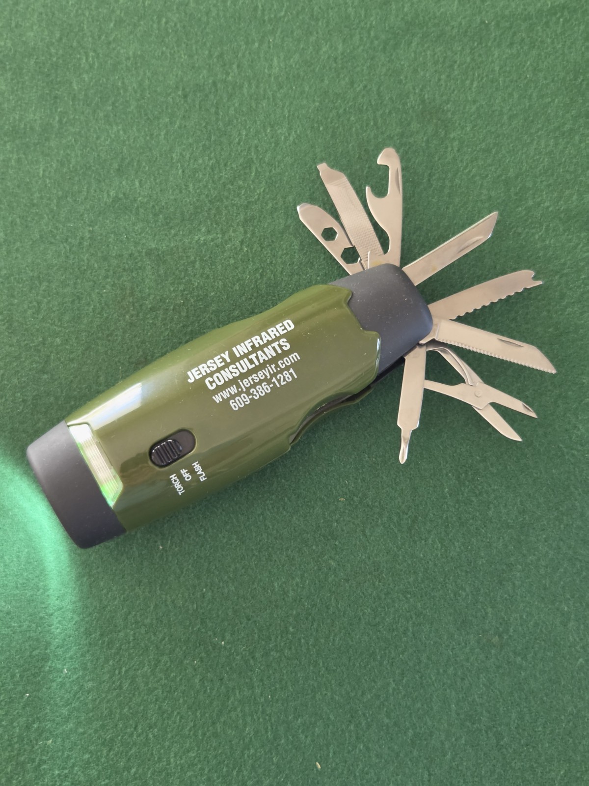 GREEN FLASH LIGHT 8 BLADE MULTI-TOOL ADVERTISING JERSEY INFRARED