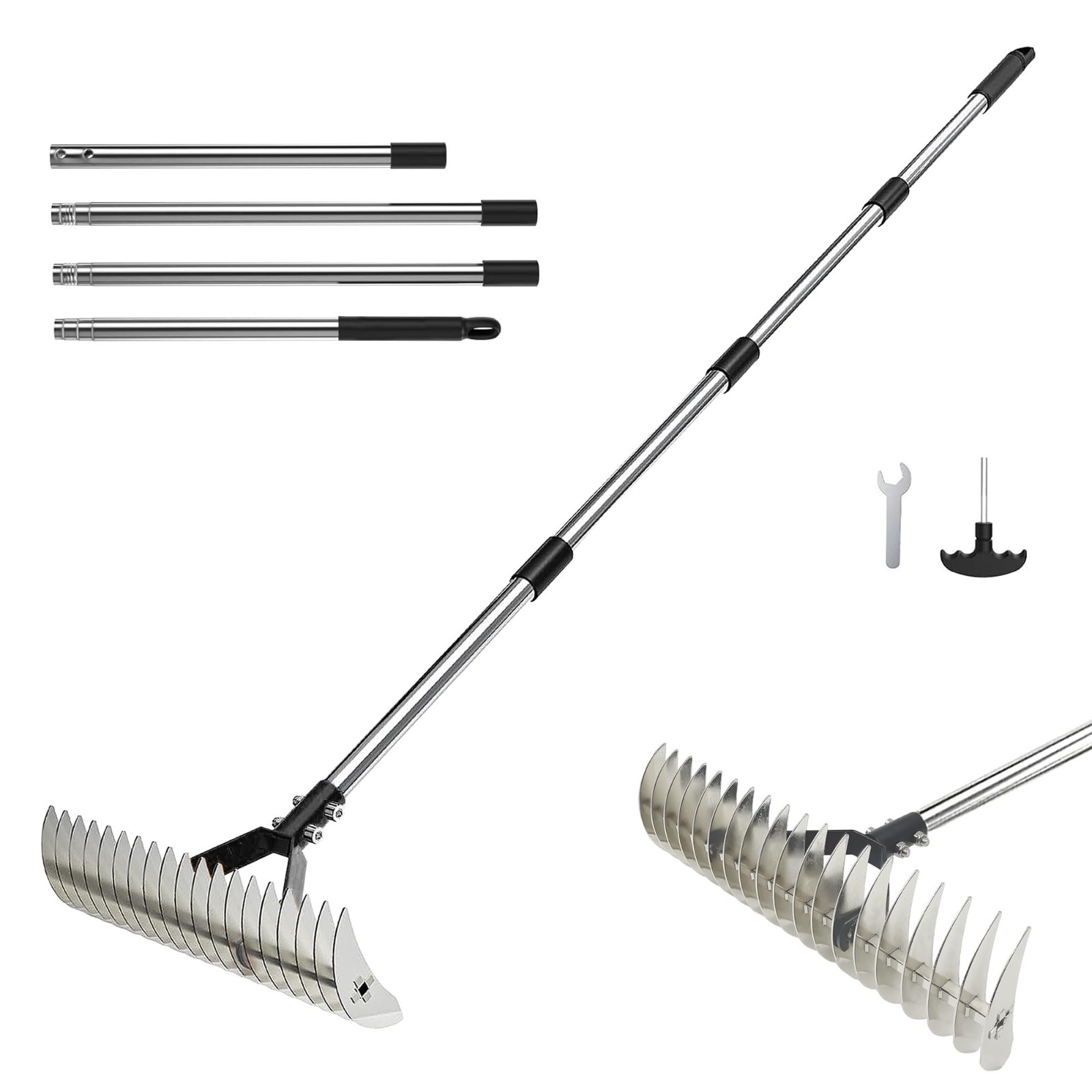 Adjustable Heavy Duty Thatch Rake - Lawn Dethatcher & Soil Rake for Garden Yard