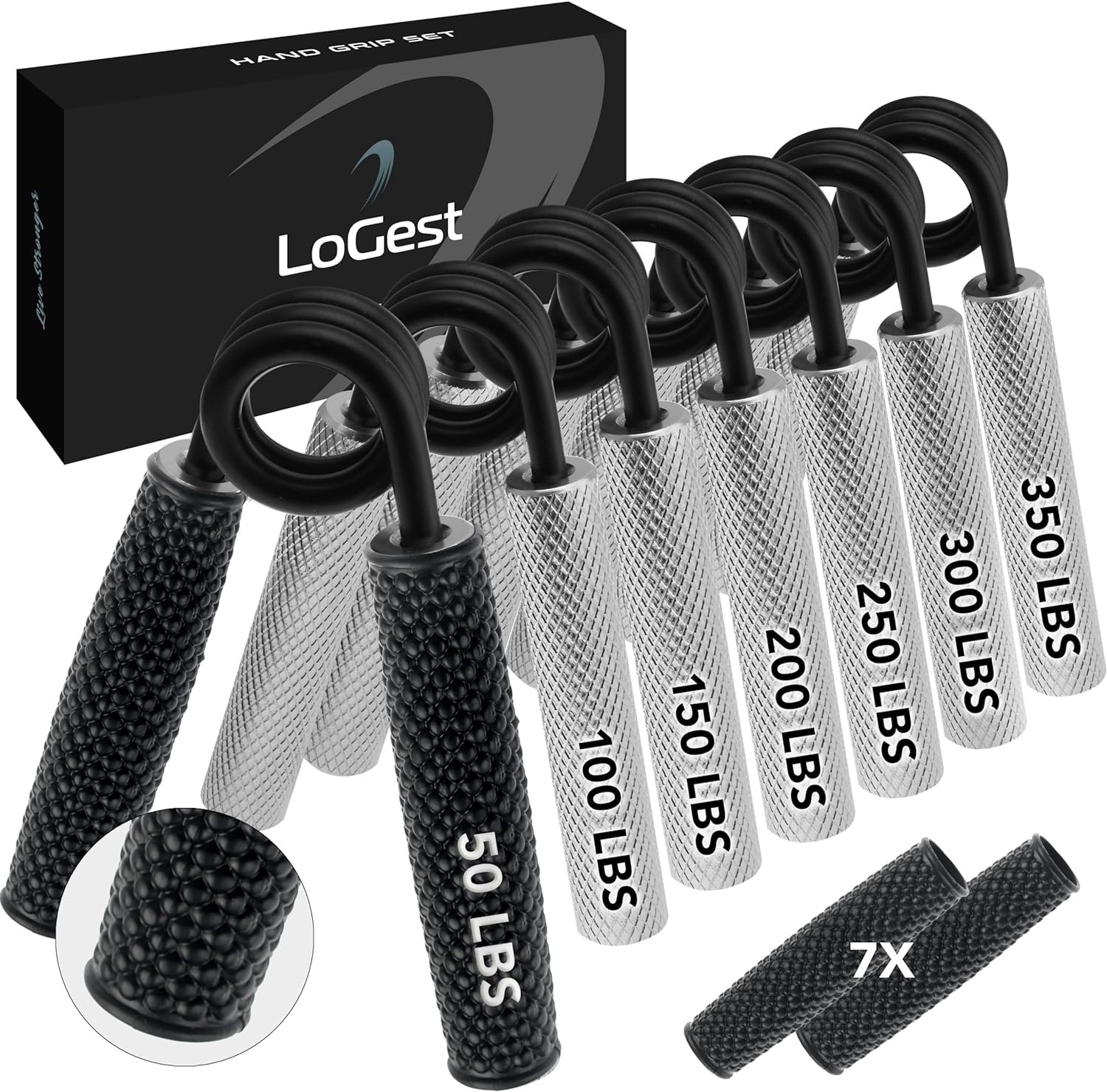 7 Pack  Metal Hand Grip Set, 50LB-350LB 7 Levels No Slip Heavy-Duty Grip Strengt