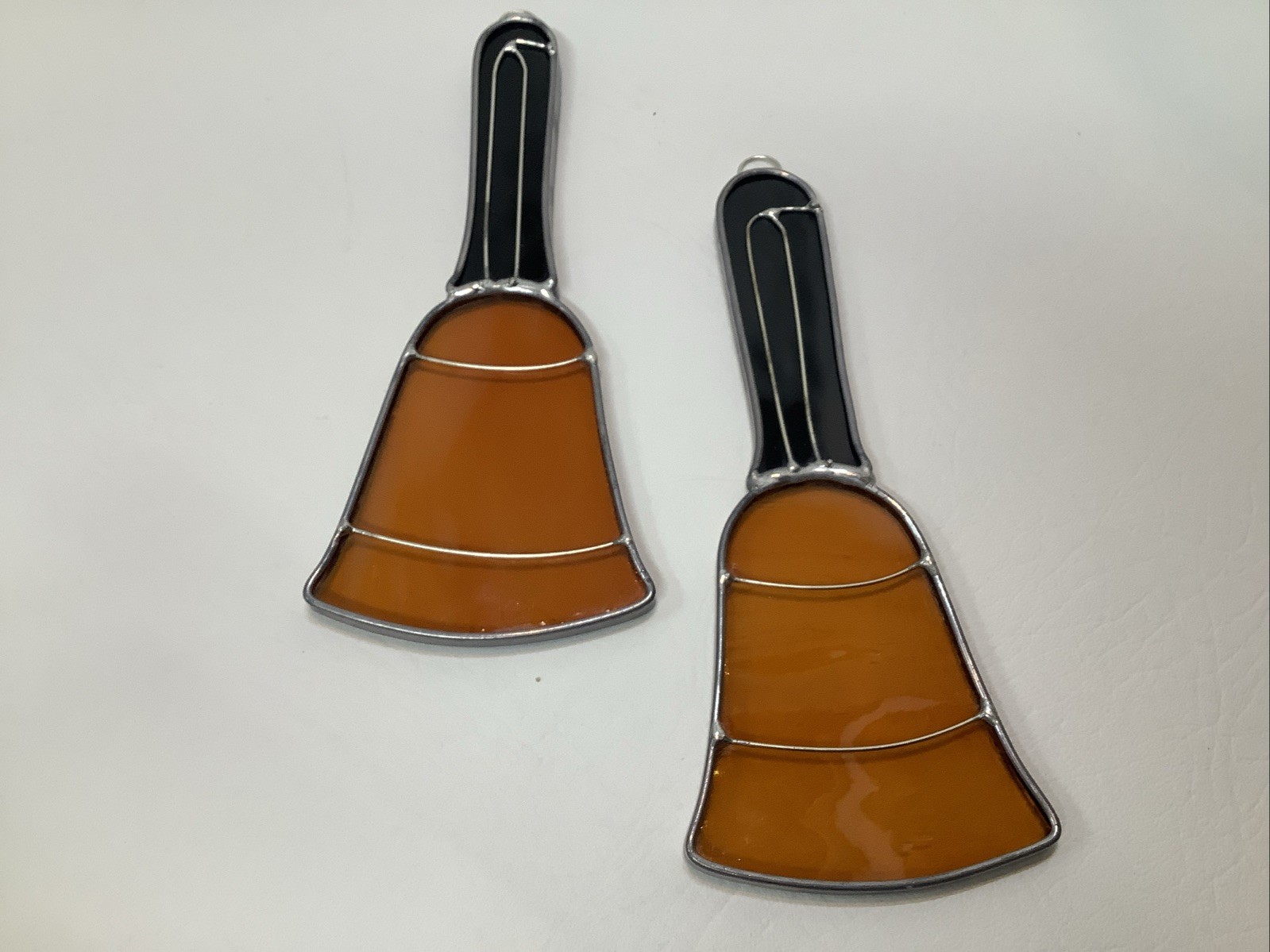 Lot Of 2 Vintage Hand-Held Bell Stained Glass Sun Catcher-Ornament-Amber & Brown