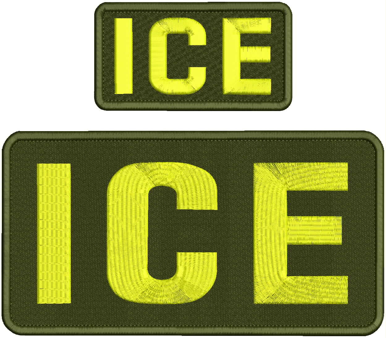 5X10 AND 2.5X5  I / C / E  EMBROIDERY PATCH VELCR@ oN bACK YELLOW ON OD GREEN