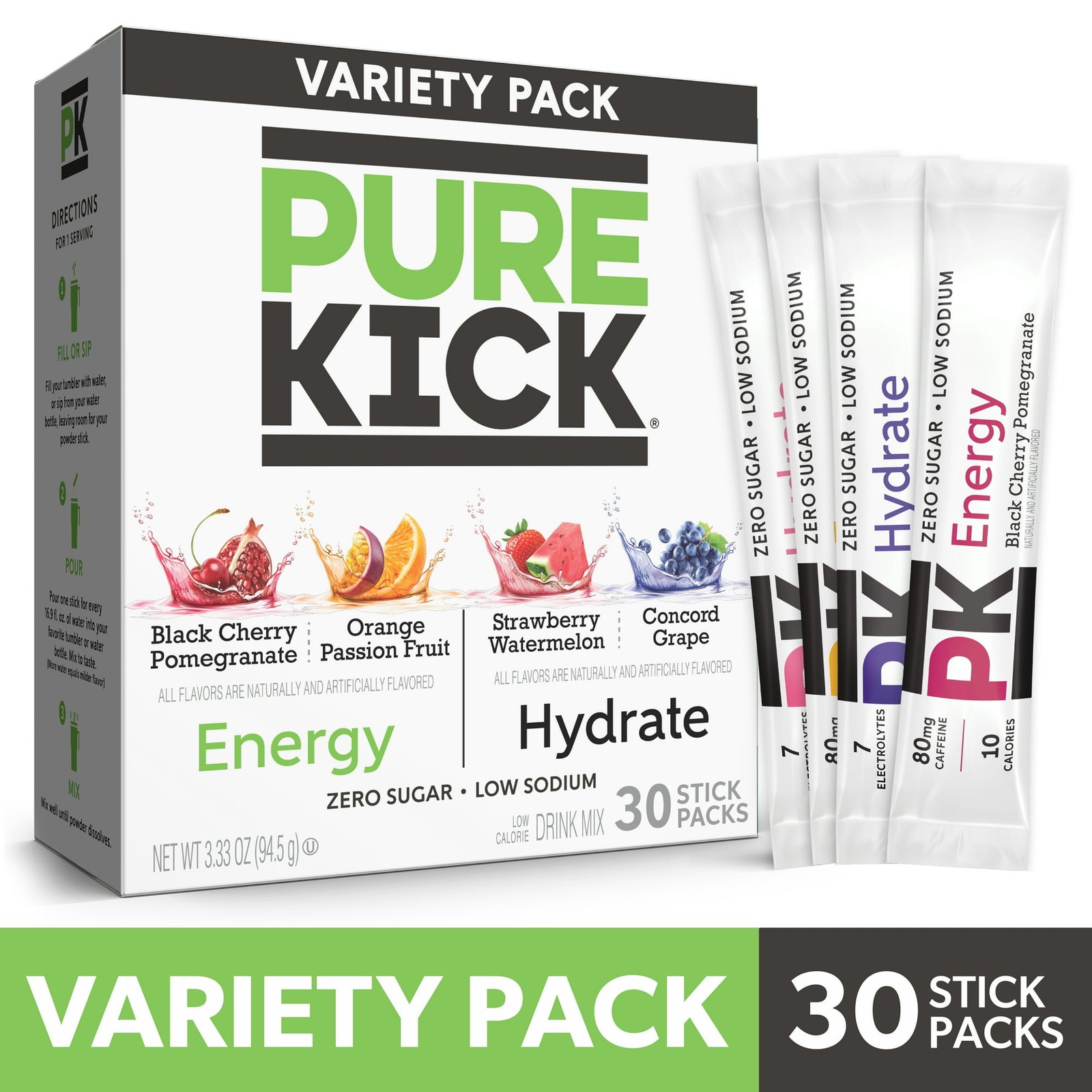 Pure Kick Energy & Hydration Electrolyte Powdered Drink Mix Variety pack, 30 Ct