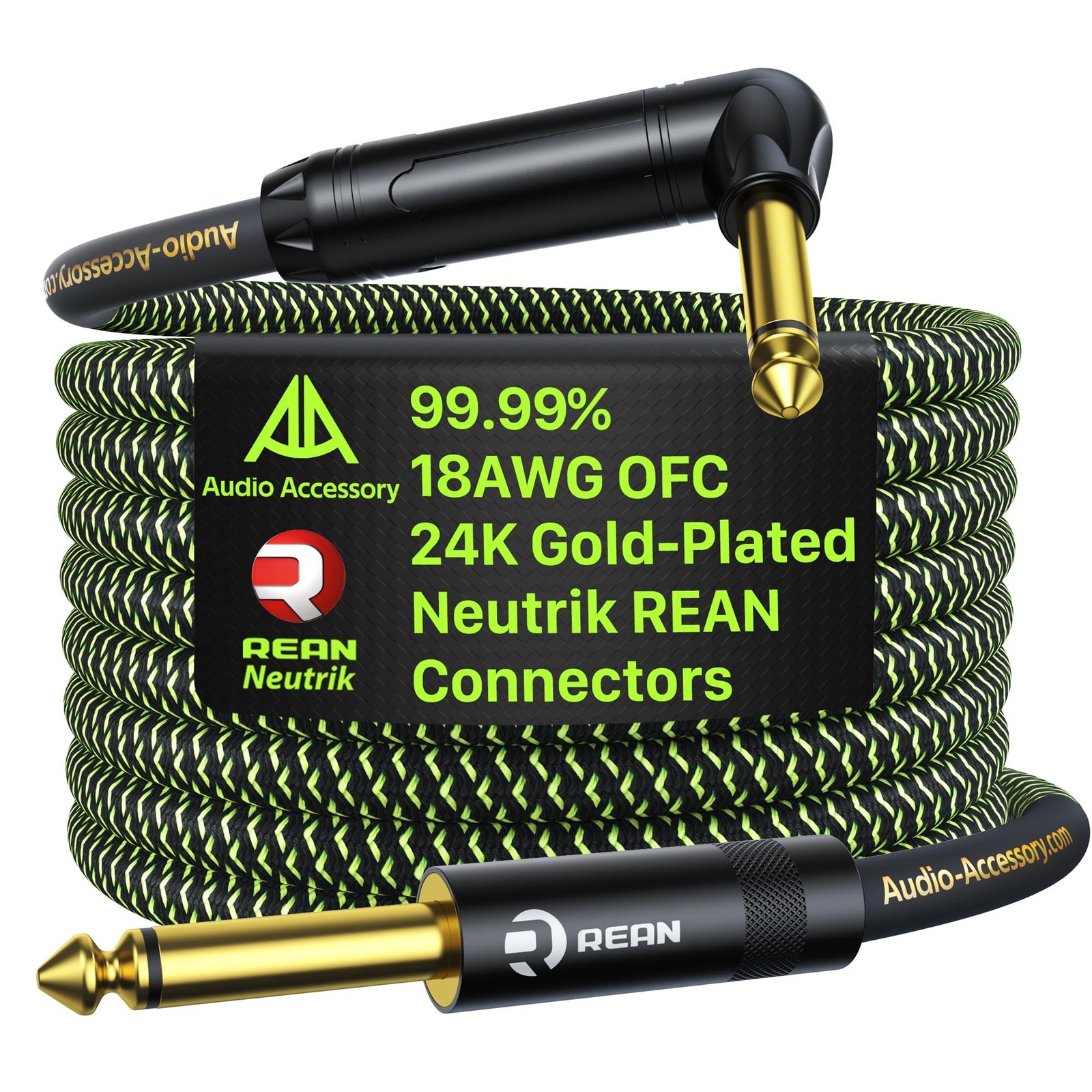 AA AUDIO ACCESSORY Pro Bass Guitar Cable 15 ft, Gold-Plated Neutrik REAN Conn...
