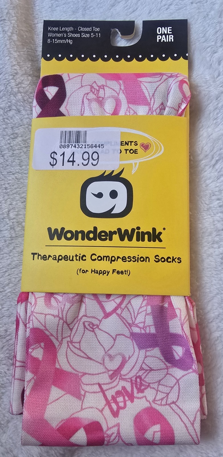 WonderWink BIP 1SZ Compression Socks Knee Length Pink White Polyester Spandex
