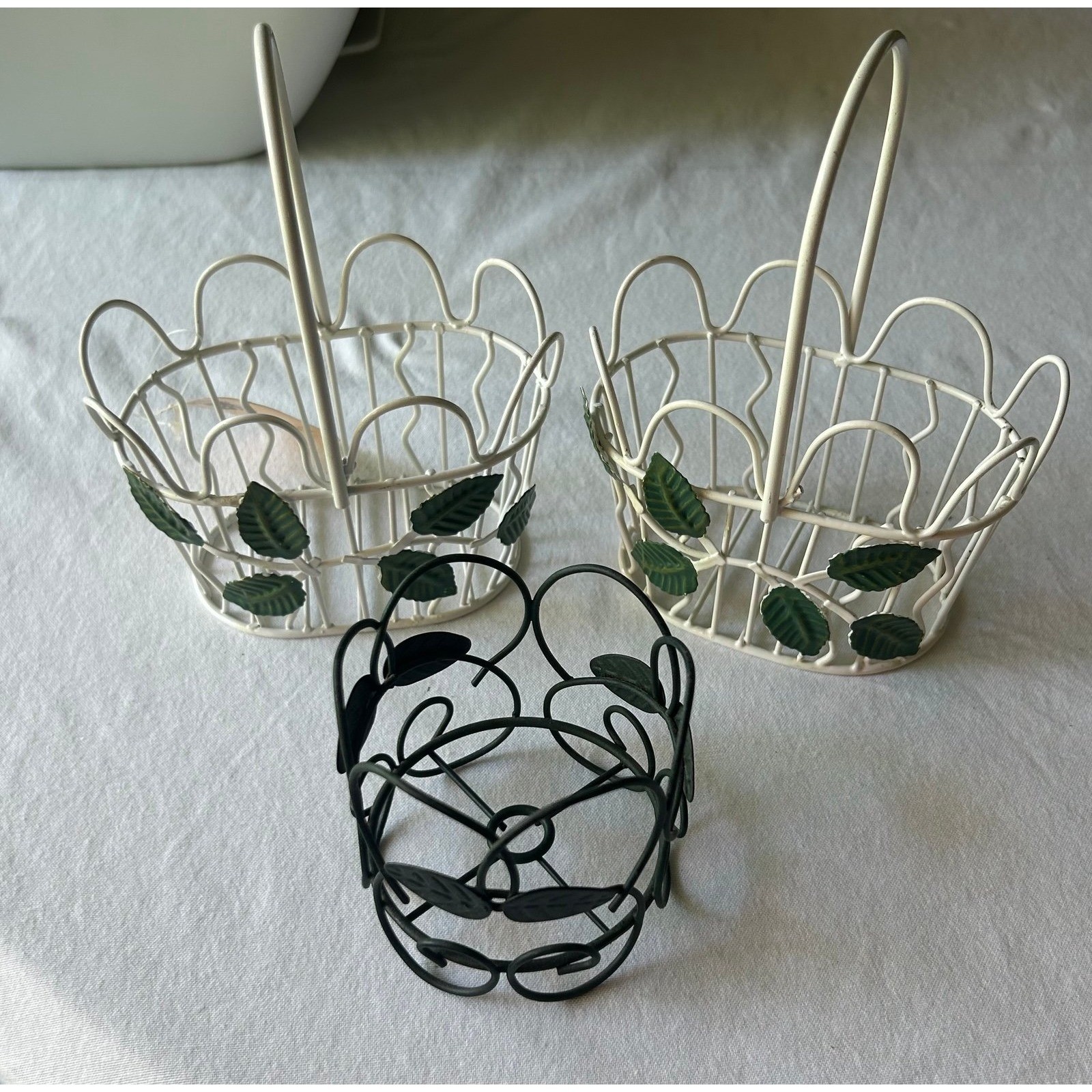 Vintage Metal Basket Planter Candle Holder Bundle Green Leaf Ivy Spring Display