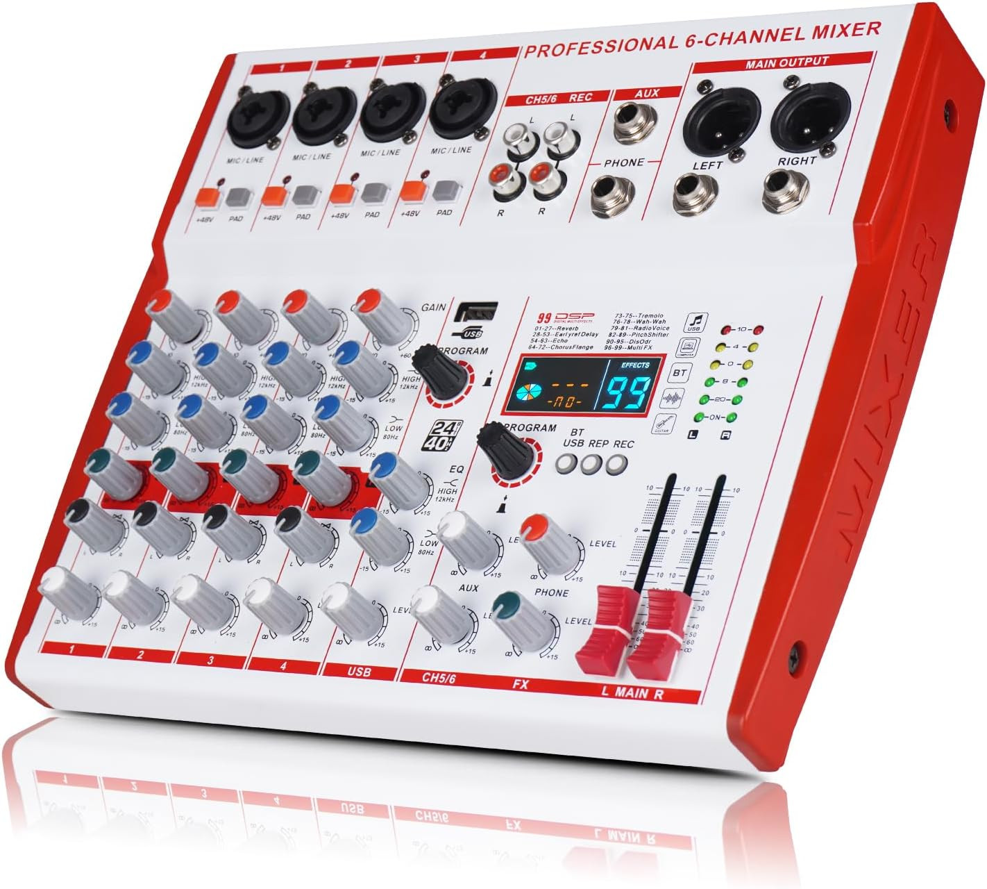 MW-6 White 6 Channel Professional DJ Audio Mixer, Portable Controller Mixer with