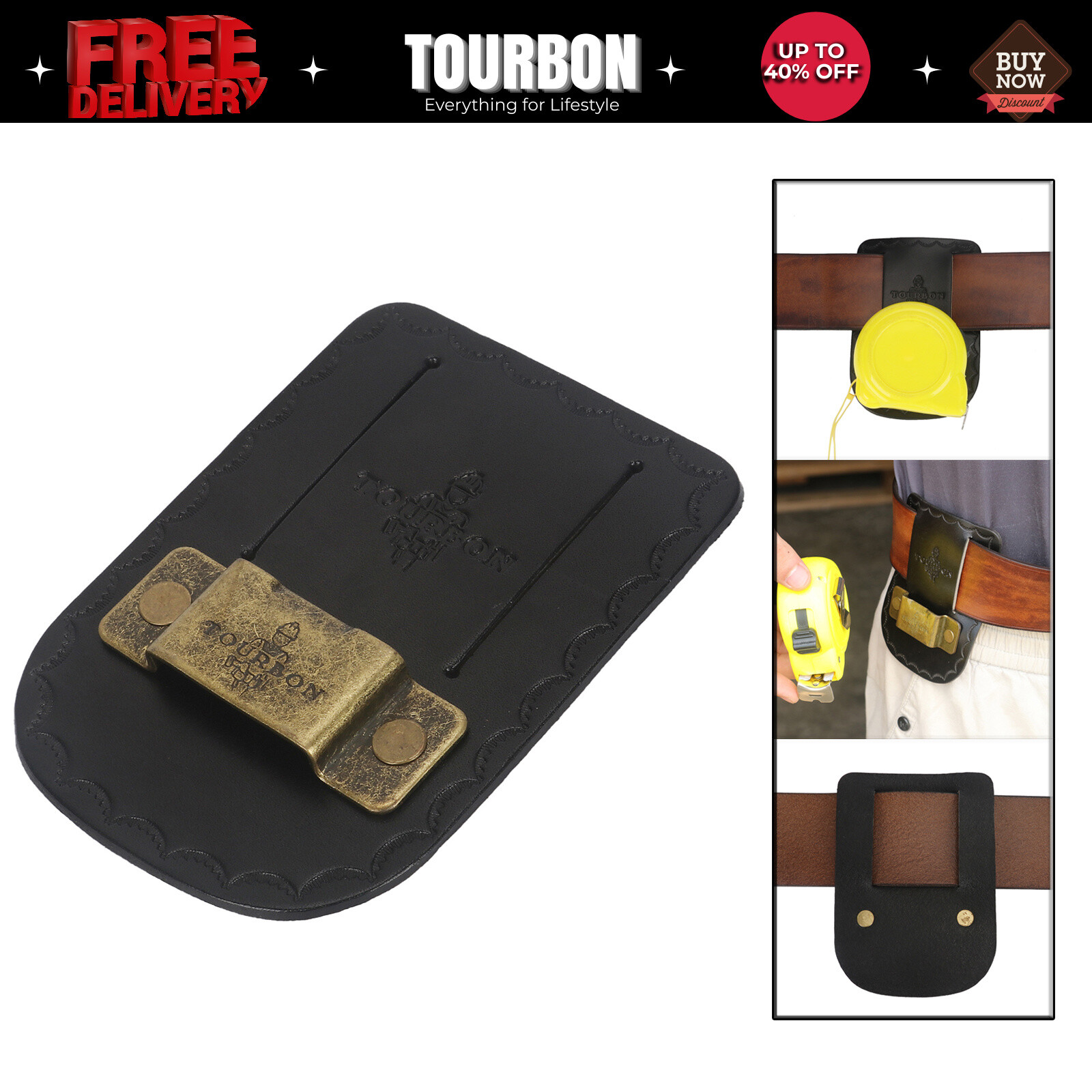 TOURBON Leather Tape Measure Holster Tool Holder Metal Clip for 2" Belt in Black