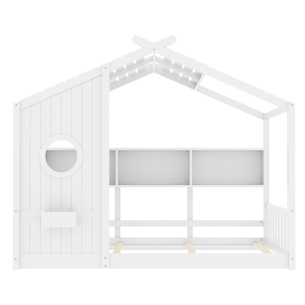 Twin/Full Size Floor House Bed Frame for Toddler with Storage Shelf, White/Grey