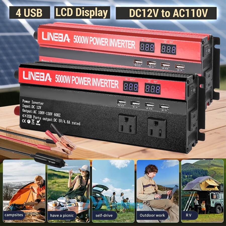5000W 12V to 110V 60HZ Sine Wave Power Inverter Transformer LED Display 4 USB