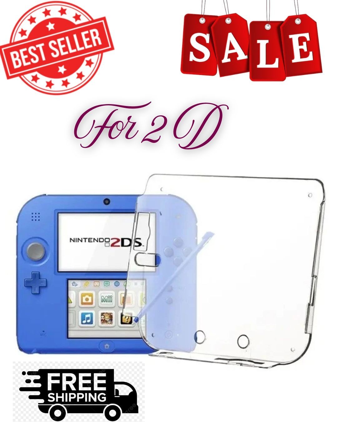 2pc Clear Protective Case Cover Hard Shell Skin+Anti Dust Film for 2DS Nintendo