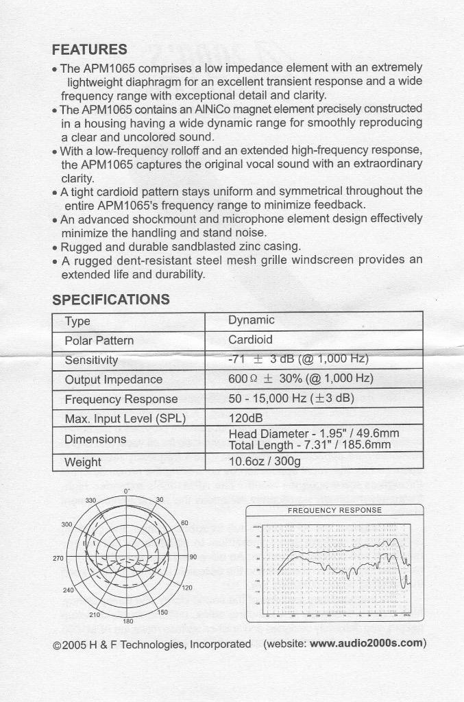 Audio 2000'S APM1065L Professional Dynamic Microphone APM1065 APM1066