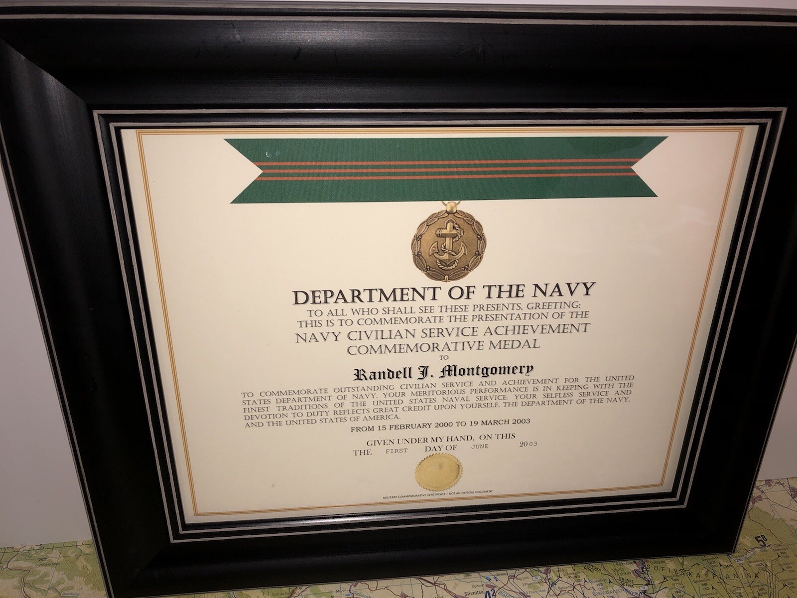 NAVY CIVILIAN SERVICE ACHIEVEMENT COMMEMORATIVE MEDAL CERTIFICATE ~ Type-1