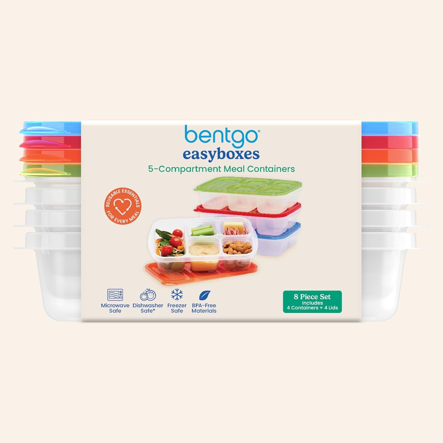 Reusable 5-Compartment Food Containers, Stackable 8-Piece Set, 4 Trays & 4 Lids