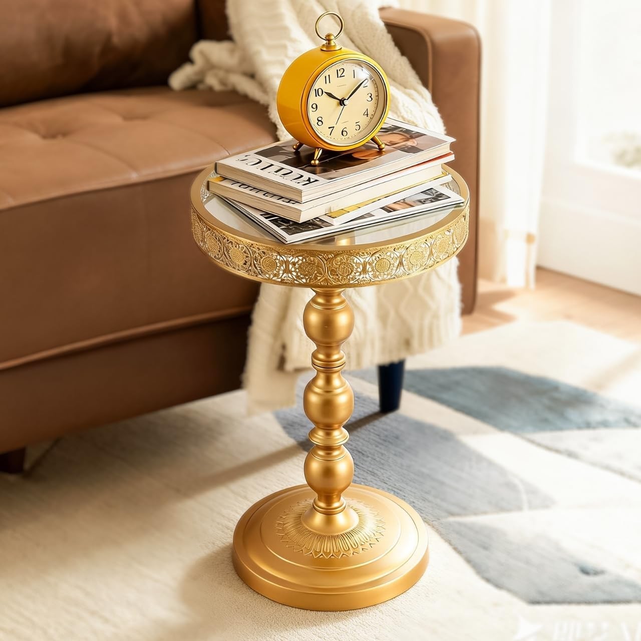 -Golden Tempered Glass Metal Coffee Table Creative Side Corner
