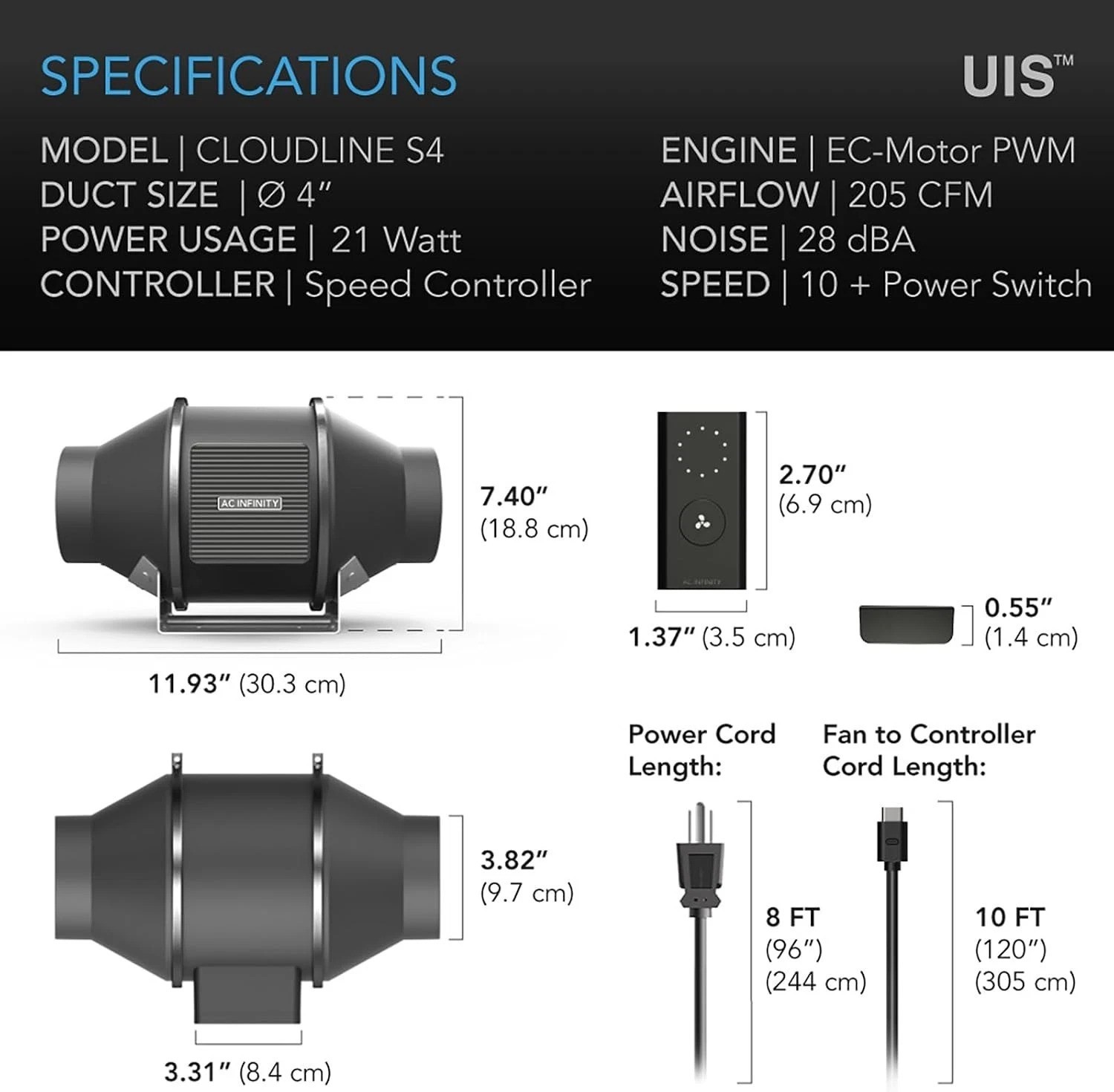 Cloudline Pro S4 Inline Duct Fan - Quiet Ventilation Booster