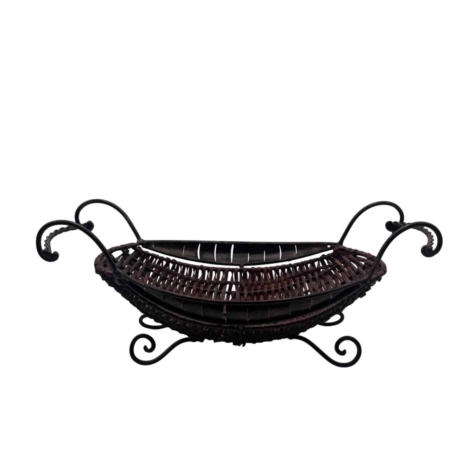 Woven Rattan and Metal Oval Basket Footed w/Handles 16.5" x 8" x 7.25"