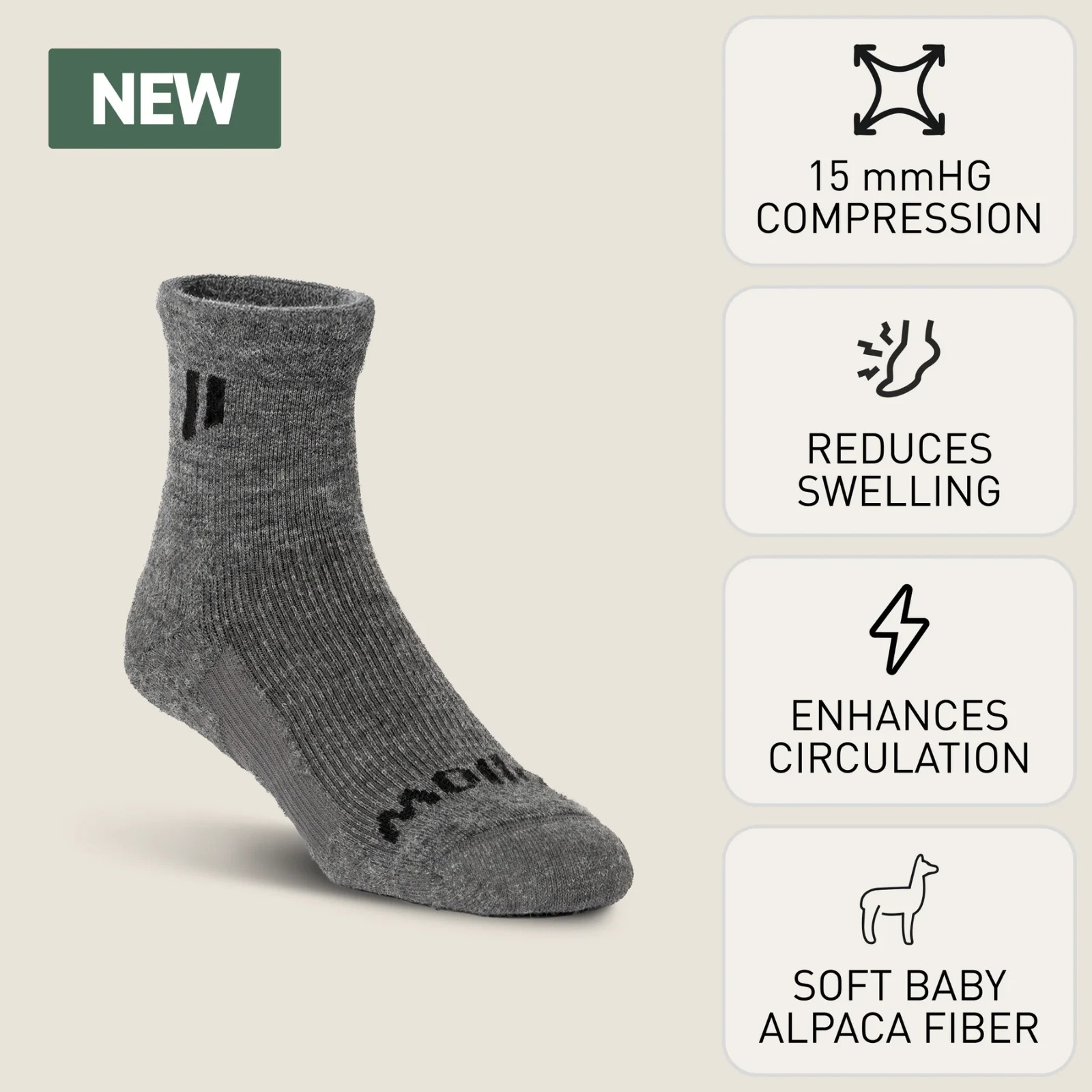 New Hollow Alpaca Compression Ankle Socks Grey Large Men 10-13 Women 10.5-13