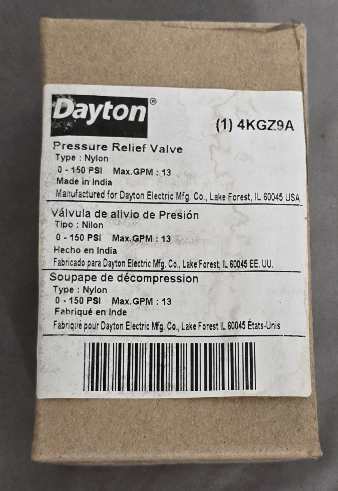 Dayton 4KGZ9 Relief Valve, 13 GPM, 3/4 NPT x 3/4 NPT 4KGZ9A 150PSI Max Brand New