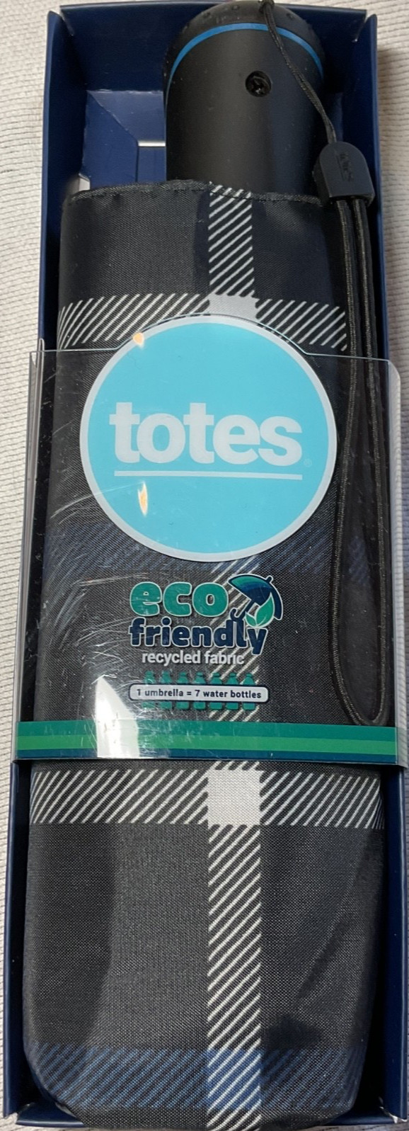 TOTES WOMEN'S UMBRELLA MINI BLACK BLUE PLAID 6 inches PUSH TO OPEN CLOSE NWT