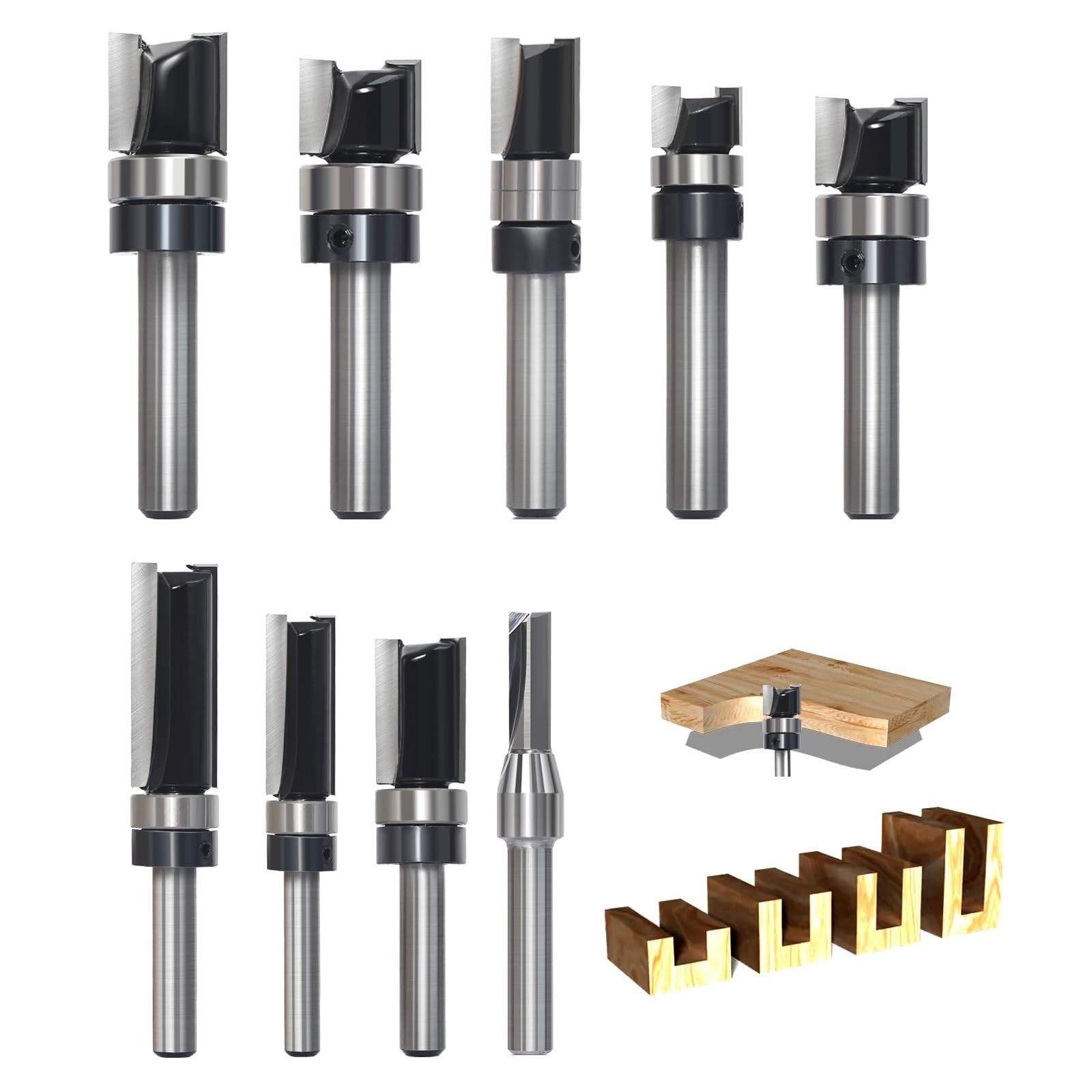 SICWOOD 9pcs Pattern Flush Trim Router Bit 1/4 Shank, Carbide Tipped Top Bearing