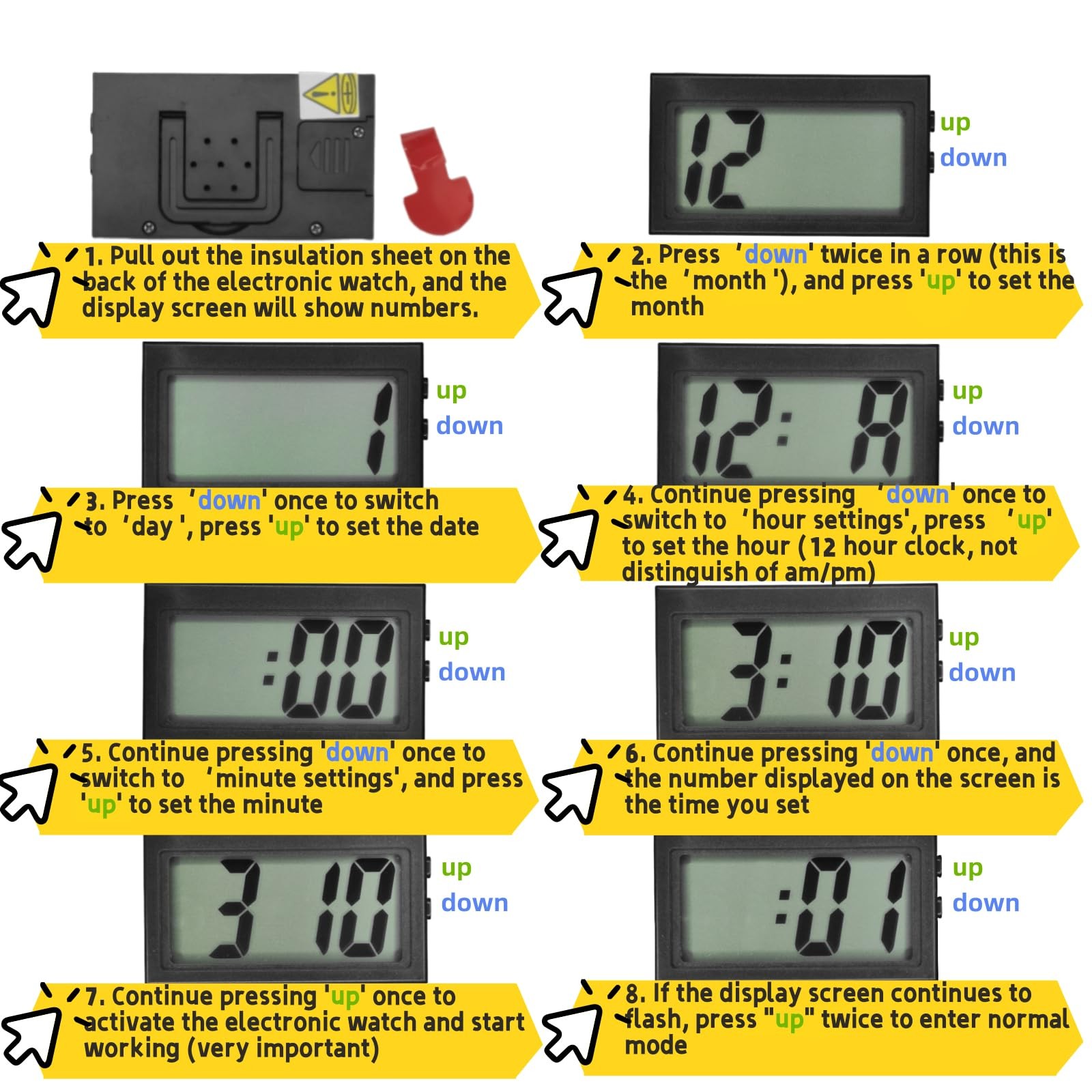 Car Dashboard Digital Clock - with Jumbo LCD Time & Day Display - Mini black