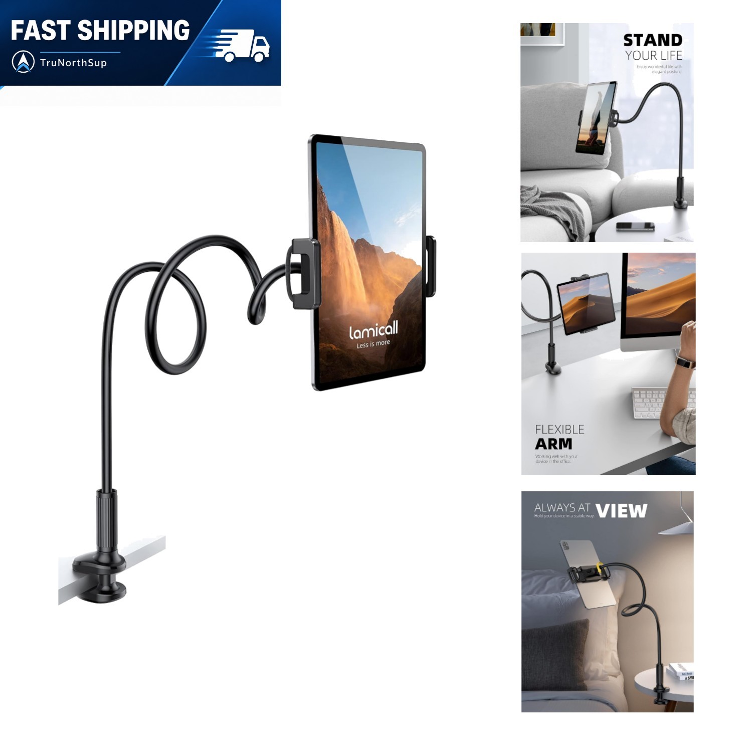 Gooseneck Tablet Mount Holder for Bed Flexible Clamp 4.7-11 Inch Device Black