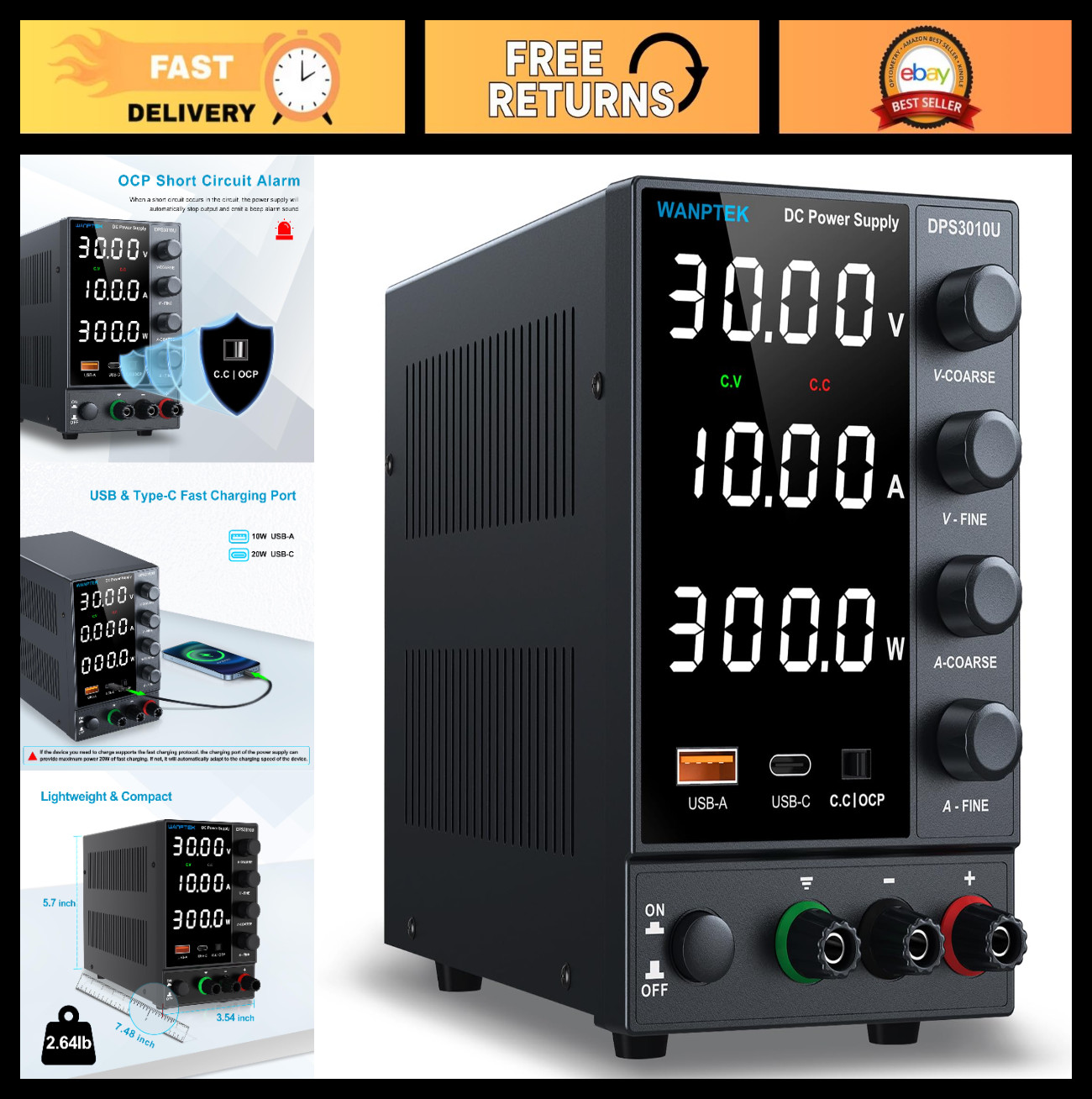 Adjustable 0-30V 10A Variable Power Supply, Switching Bench PSU, USB Type-C Quic