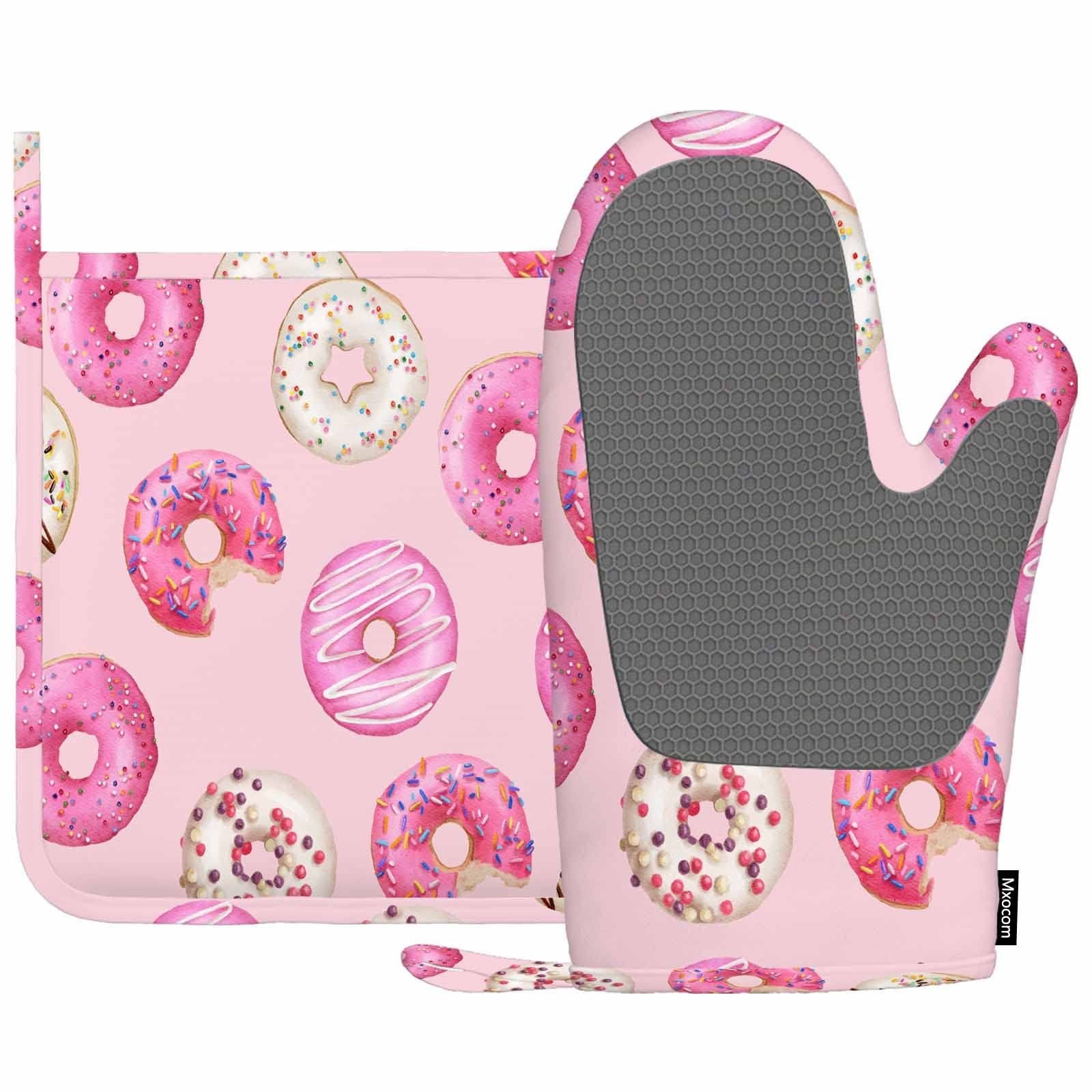 Mxocom Watercolor Donuts Silicone Oven Mitts and Pot Holders Sets Pink Donuts...
