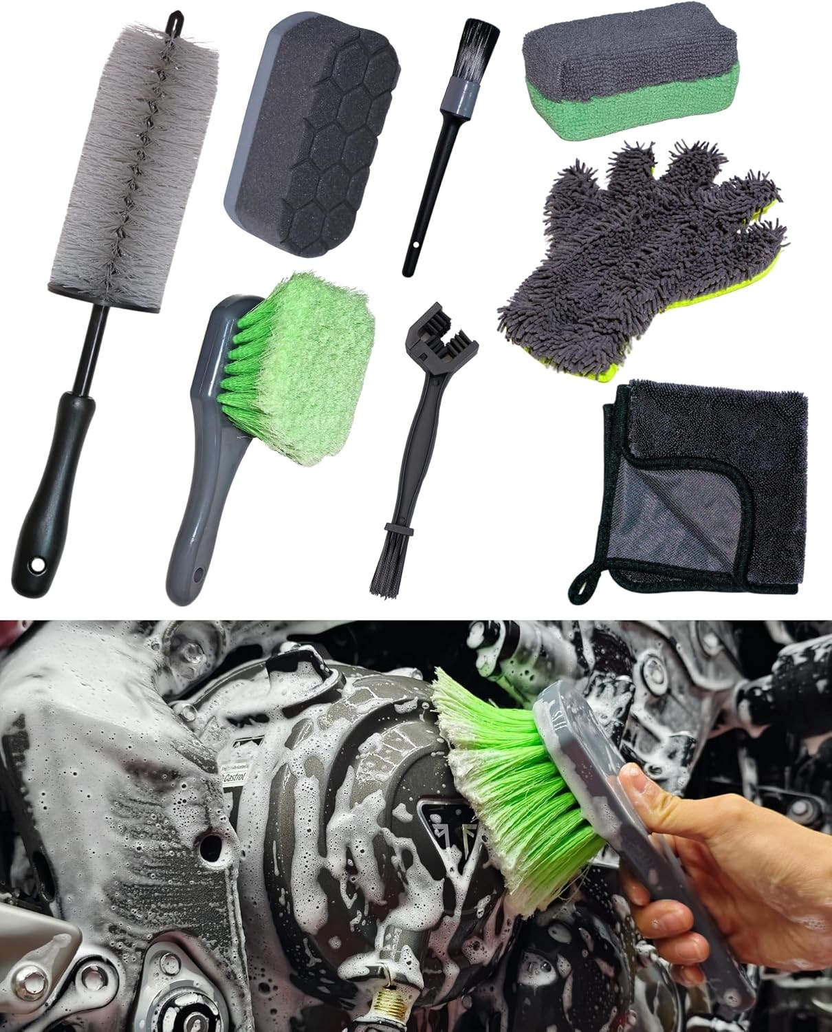 8 Pack Motorcycle Cleaning Kit - Professional Safe for Chrome/Engine/Tires,