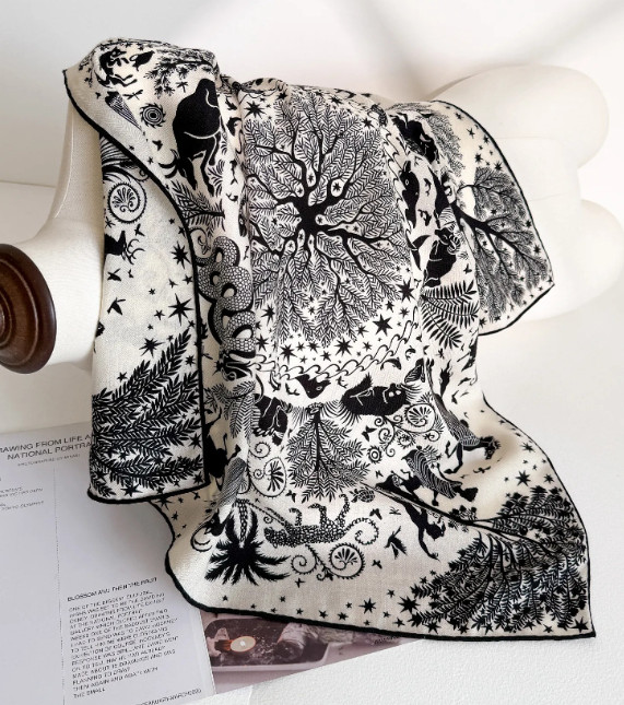 70% Cashmere 30% Silk Neckerchief Bird Forest Print Scarf 65X65cm Bandana Shawl