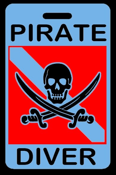 Sky Blue PIRATE DIVER w/ Skull/Crossed Swords SCUBA Diving Gear Bag Tag