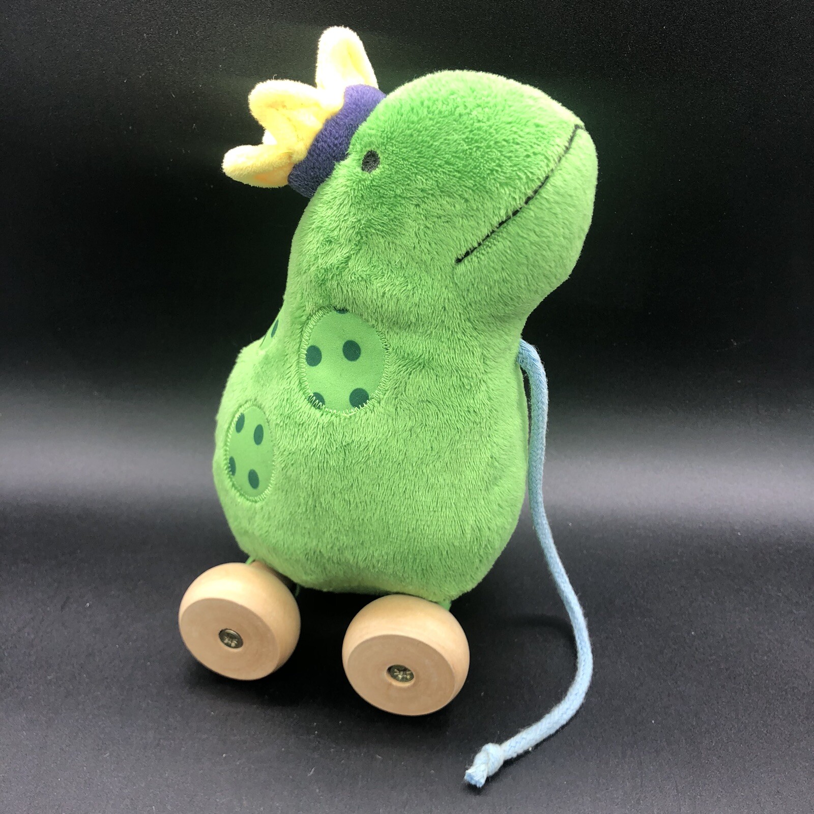 Frog Prince Pull Toy Plush RICH FROG Toddler Wood Wheels Crown Embroidered Eyes