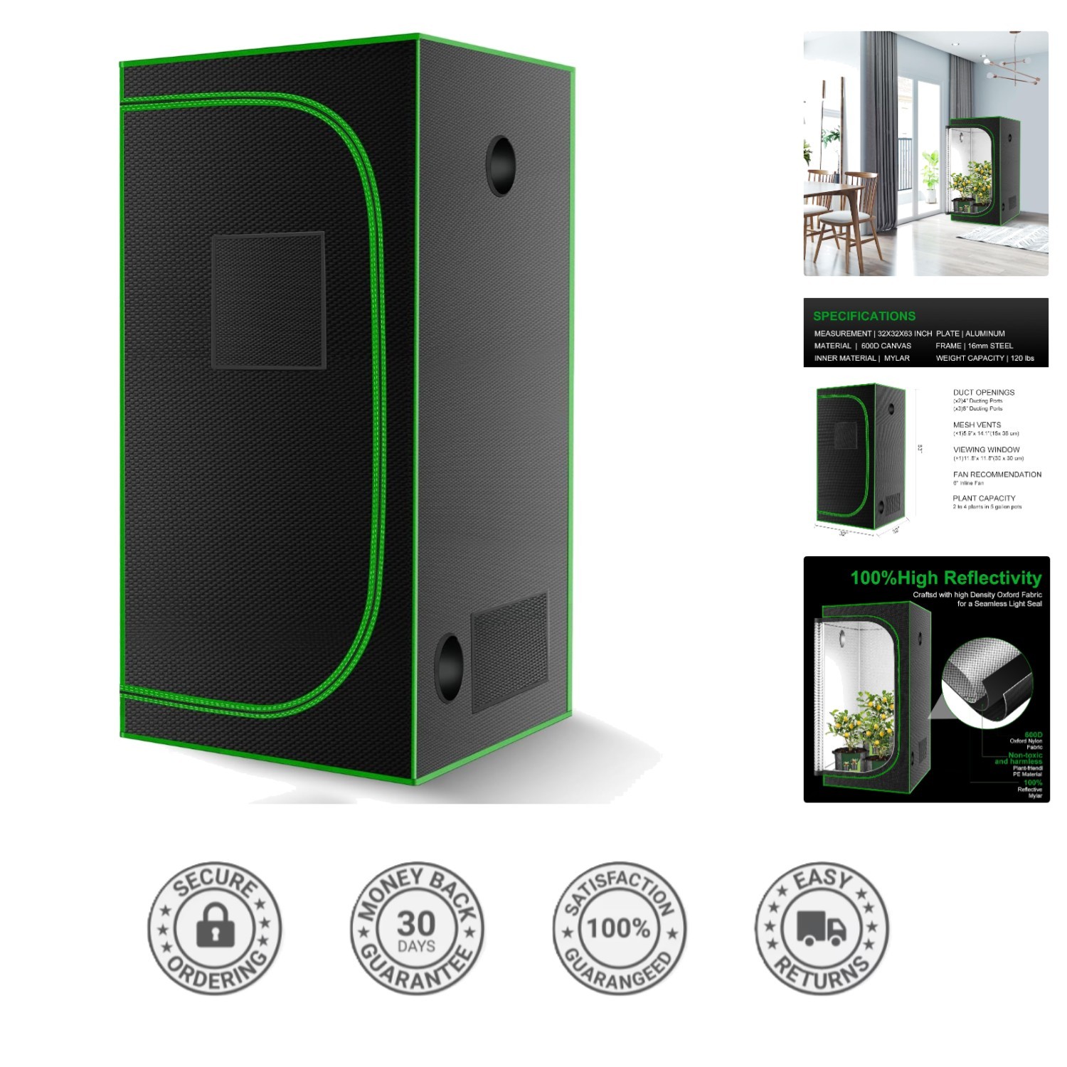 Versatile 32"x32"x63" Grow Tent - Ideal for Indoor Plants & Vegetables