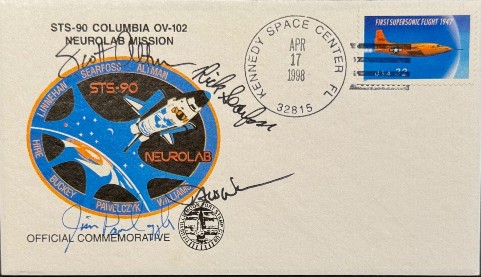 STS-90 Autographed Crew Patch Cover ,(4) Altman,Searfoss,Pawelczyk,Williams