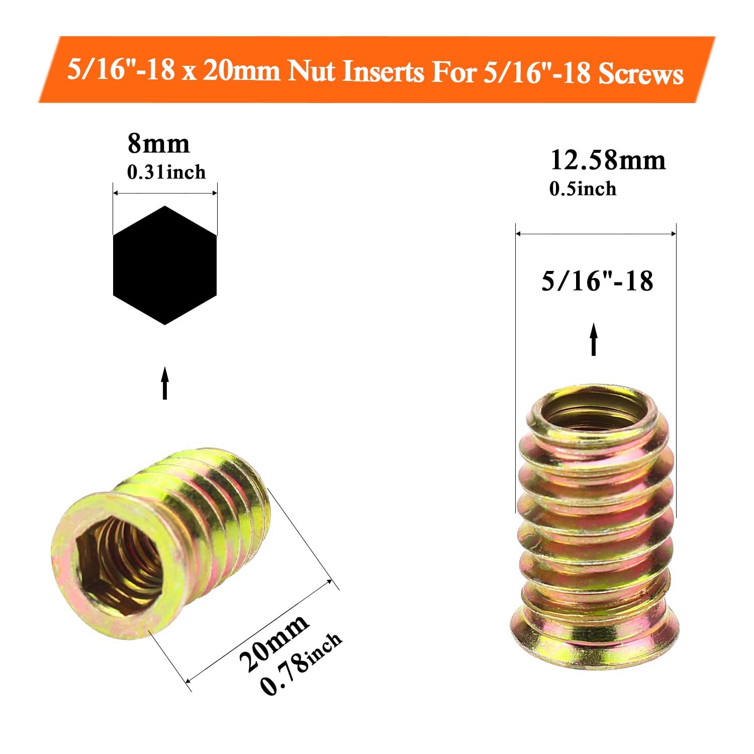 5/16-18 Threaded Inserts Wood Inserts Steel Threaded Inserts for Wood Furnitu...