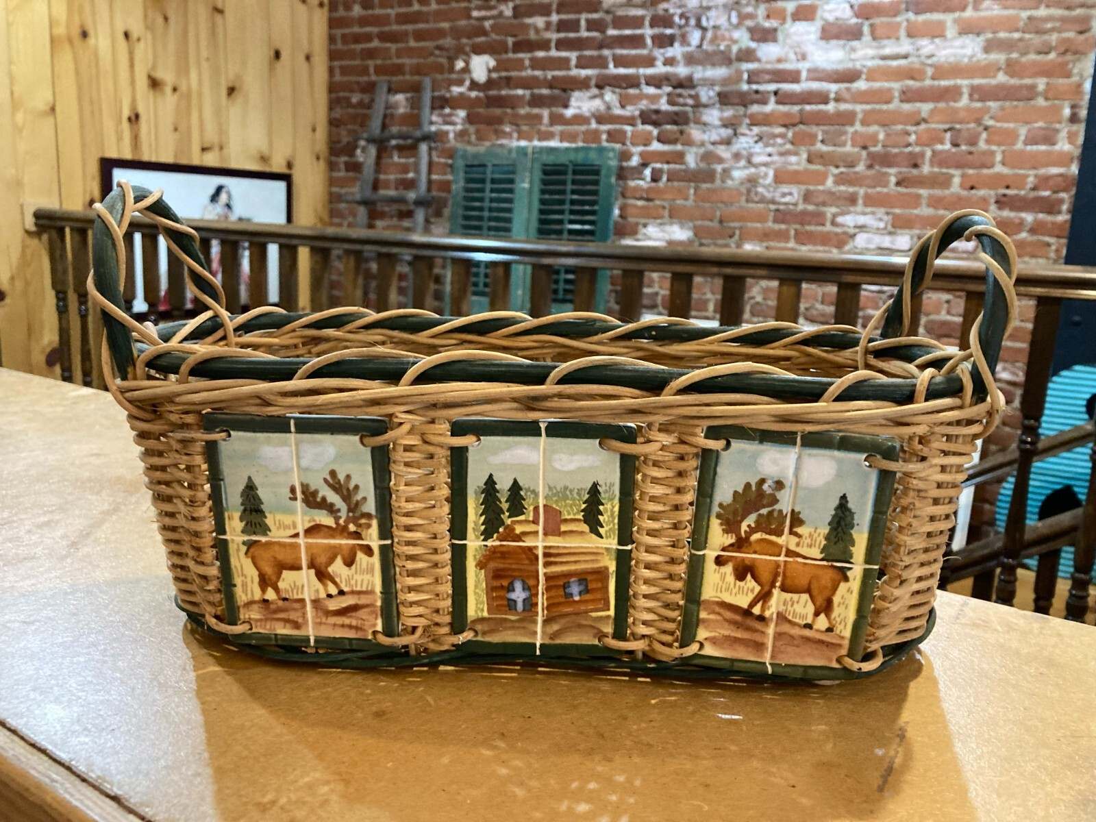 moose cabin lodge décor decoration basket tile tiles handpainted handles wicker